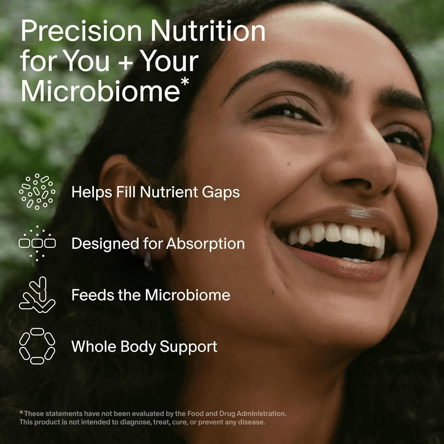 Highlights multiple benefits of the product, focusing on precision nutrition for both the individual and their microbiome.