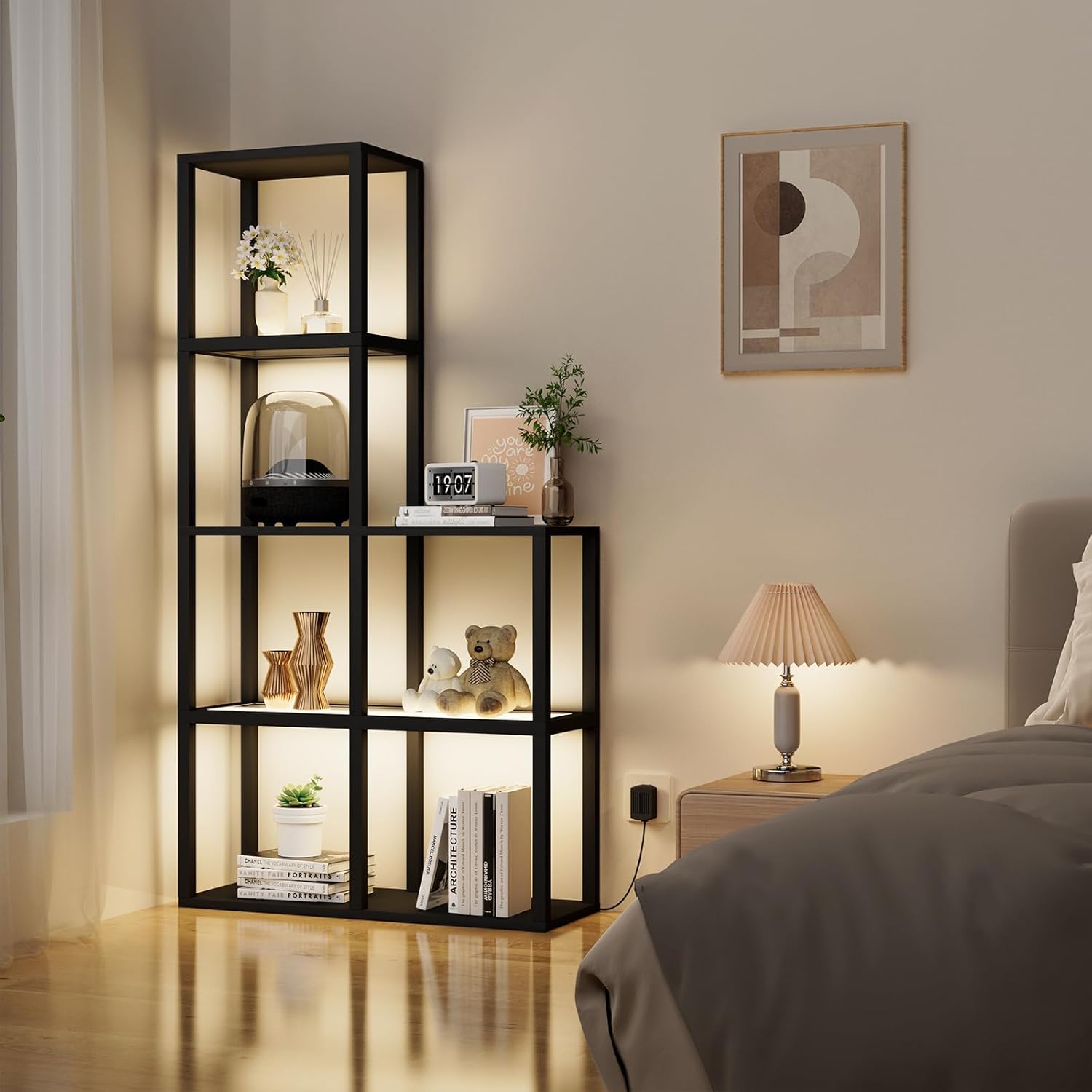 Showcases the product in a stylish bedroom setting to demonstrate how it enhances the overall aesthetic of a living space.