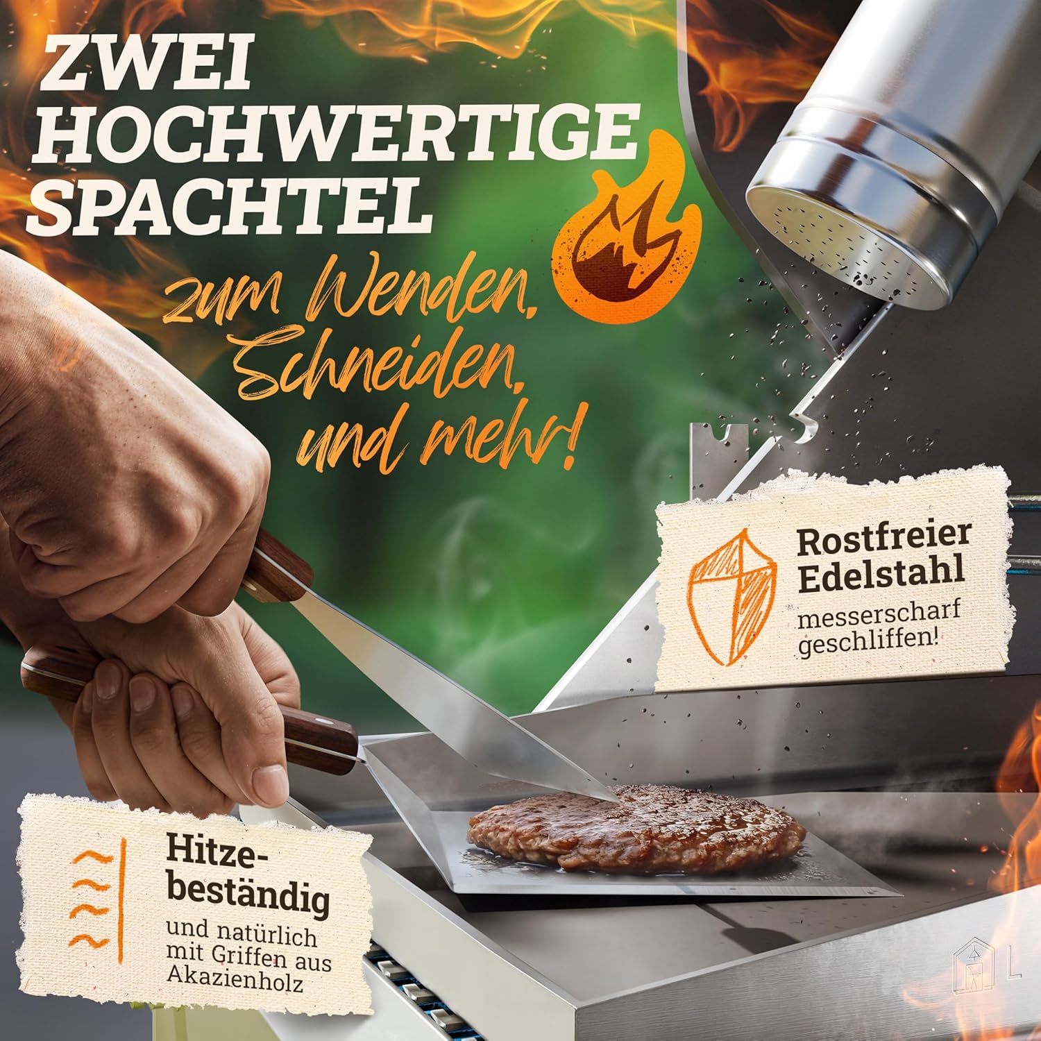 LIKAYA® Smash Burger Master-Set XXL [9-TLG.] Edelstahl mit Akazienholz-Griffen für Plancha: Infographics