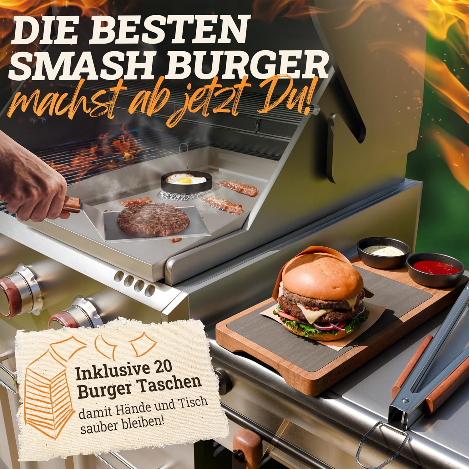 LIKAYA® Smash Burger Master-Set XXL [9-TLG.] Edelstahl mit Akazienholz-Griffen für Plancha: Infographics