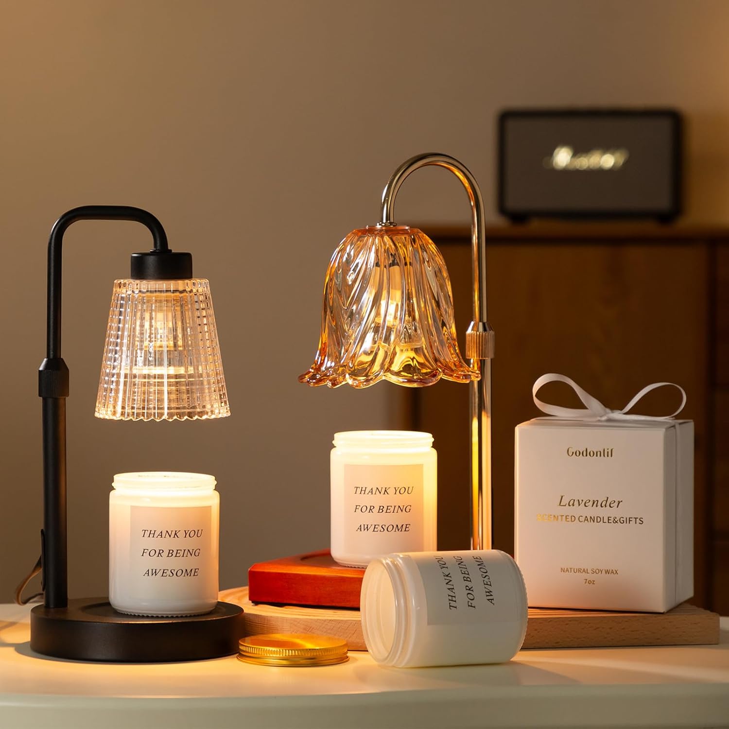 Demonstrates the complete set of items included in the candle warmer gift package, showcasing the lamps, candles, and gift box Shows the product in use within a real-world context, creating a warm…