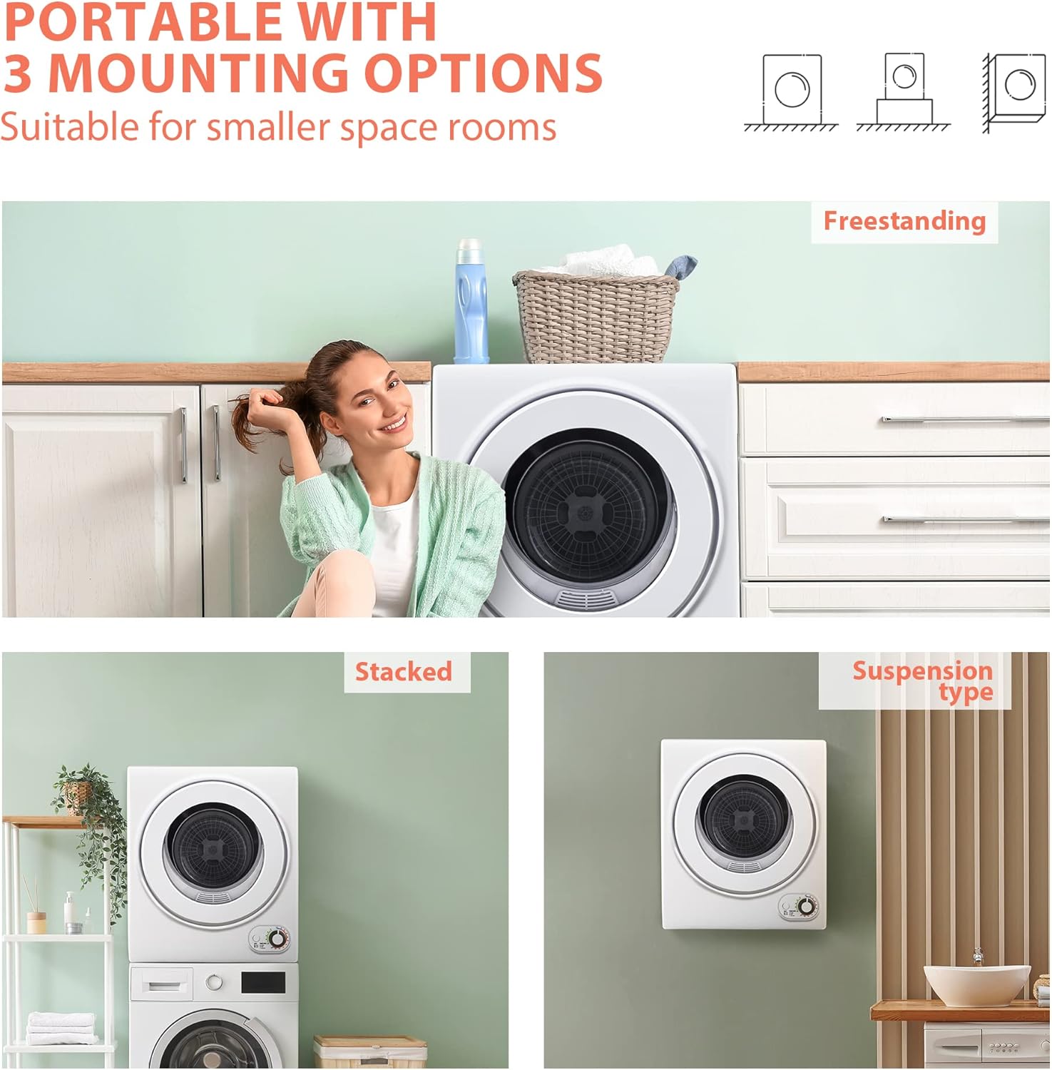 Demonstrates the different mounting options and use cases for the product in smaller space rooms.