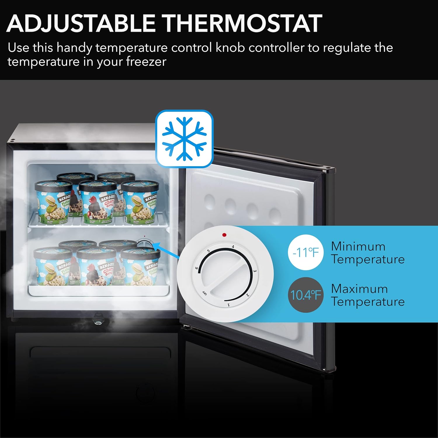 Highlights the product's adjustable thermostat feature, allowing users to regulate the temperature in their freezer as desired.