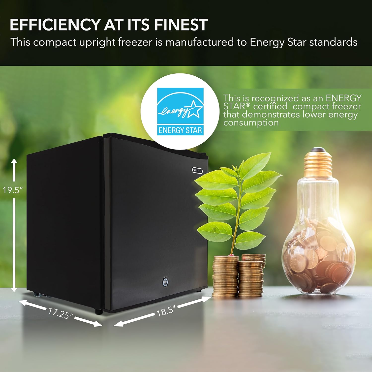 Highlights the freezer's energy efficiency by showcasing its Energy Star certification and compact size, communicating cost and environmental savings to shoppers.