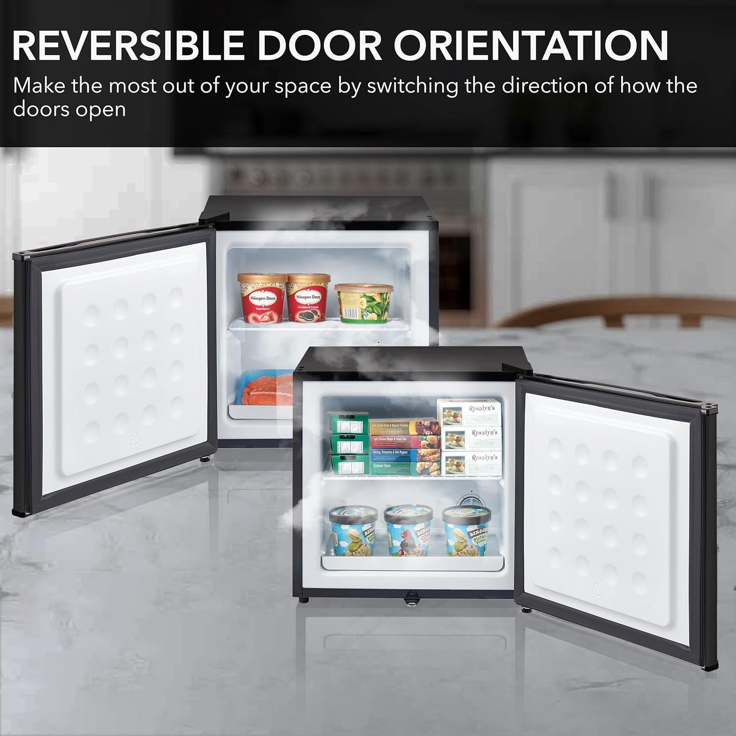 Highlights the reversible door orientation feature, allowing customers to optimize space by adjusting the direction the doors open.