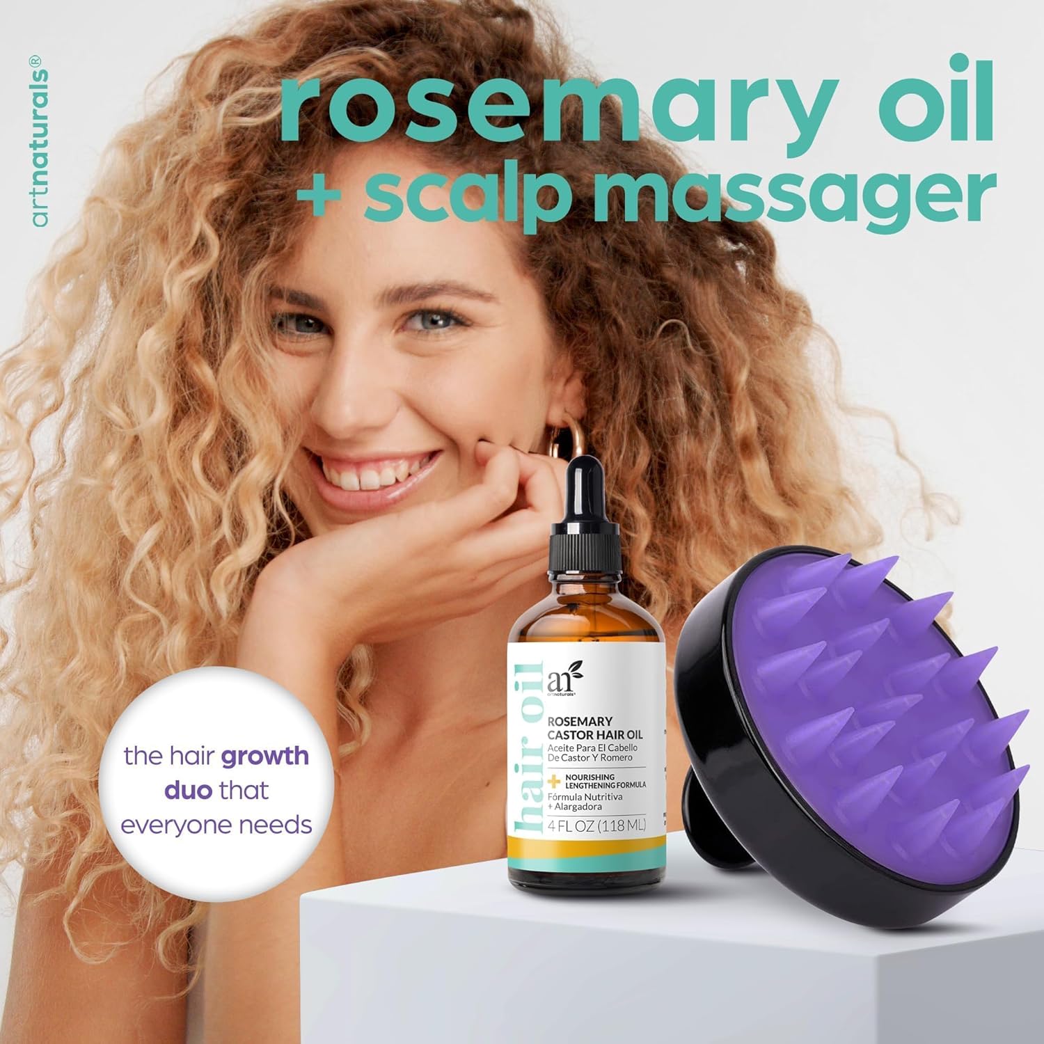Highlights the two products - rosemary oil and scalp massager - as a duo that promotes hair growth.