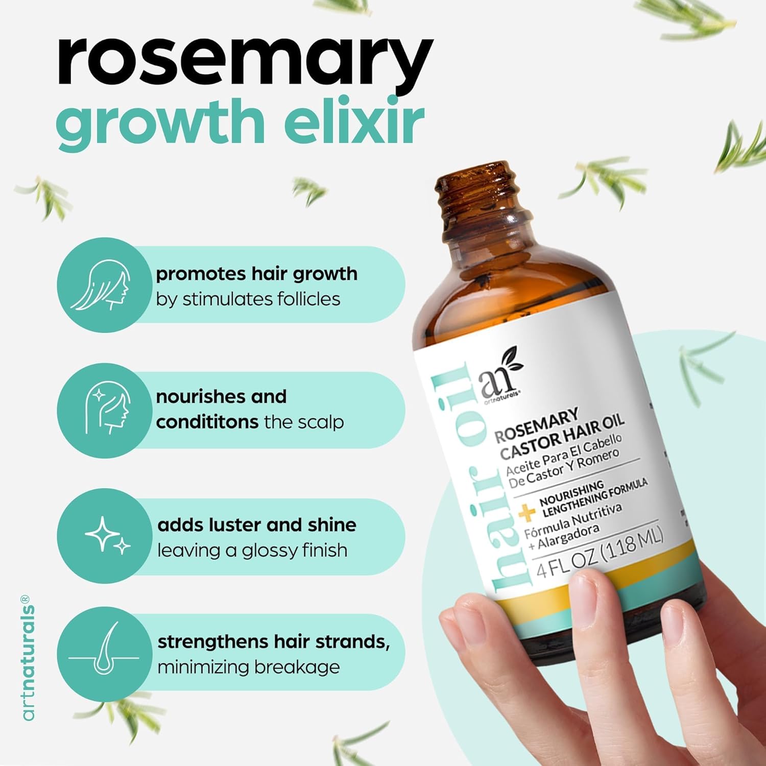 Highlights multiple benefits of the rosemary hair growth elixir, including stimulating hair growth, nourishing the scalp, adding shine, and strengthening hair strands.