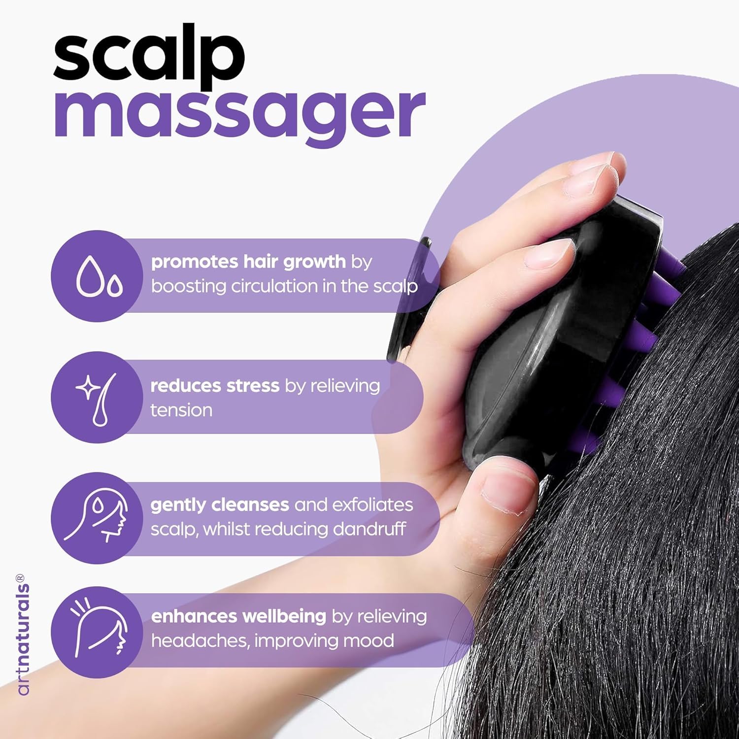 Highlights multiple benefits of using the scalp massager, including promoting hair growth, reducing stress, cleansing the scalp, and enhancing overall wellbeing.