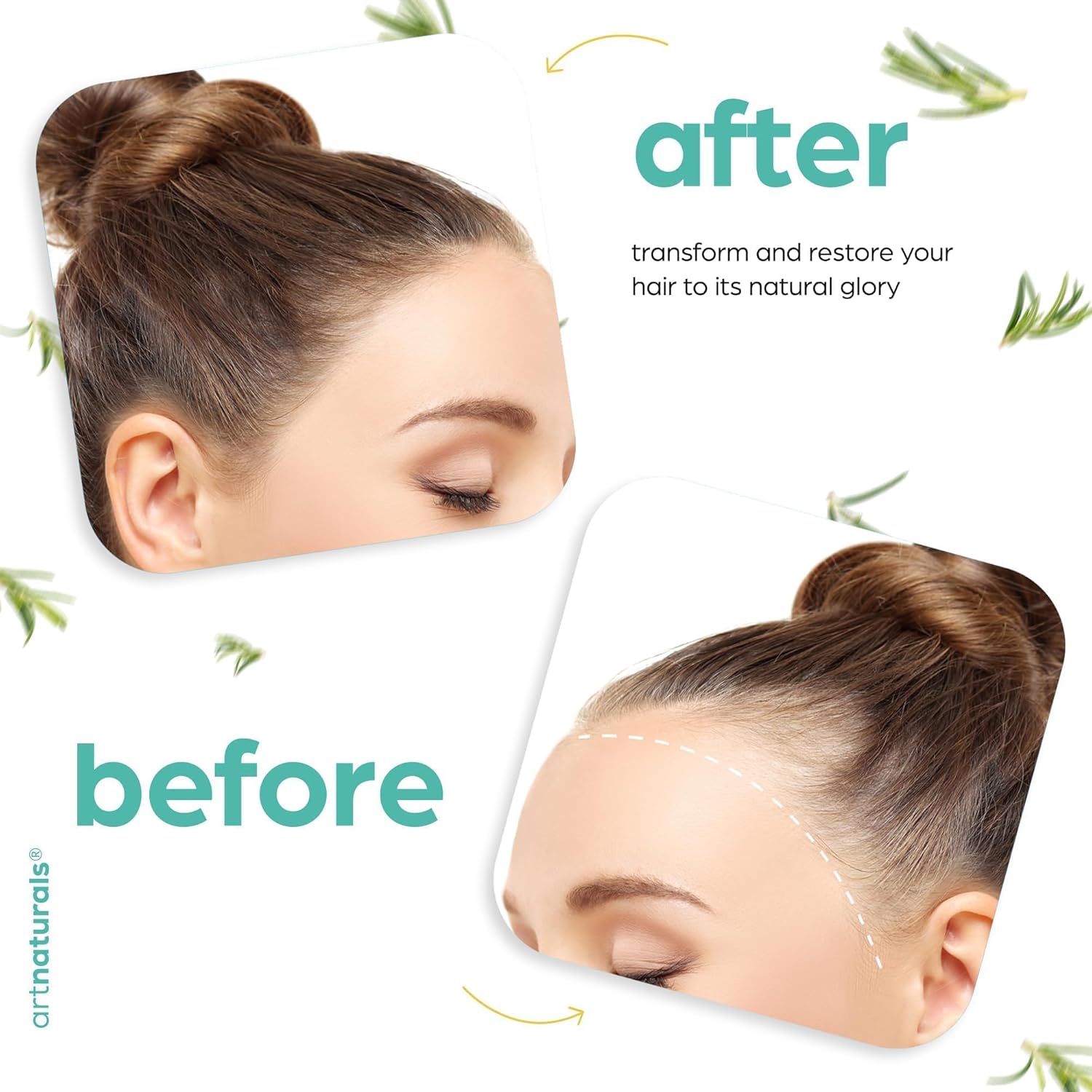 Visually demonstrates the transformative results of using the product by showing a before and after comparison of hair condition.