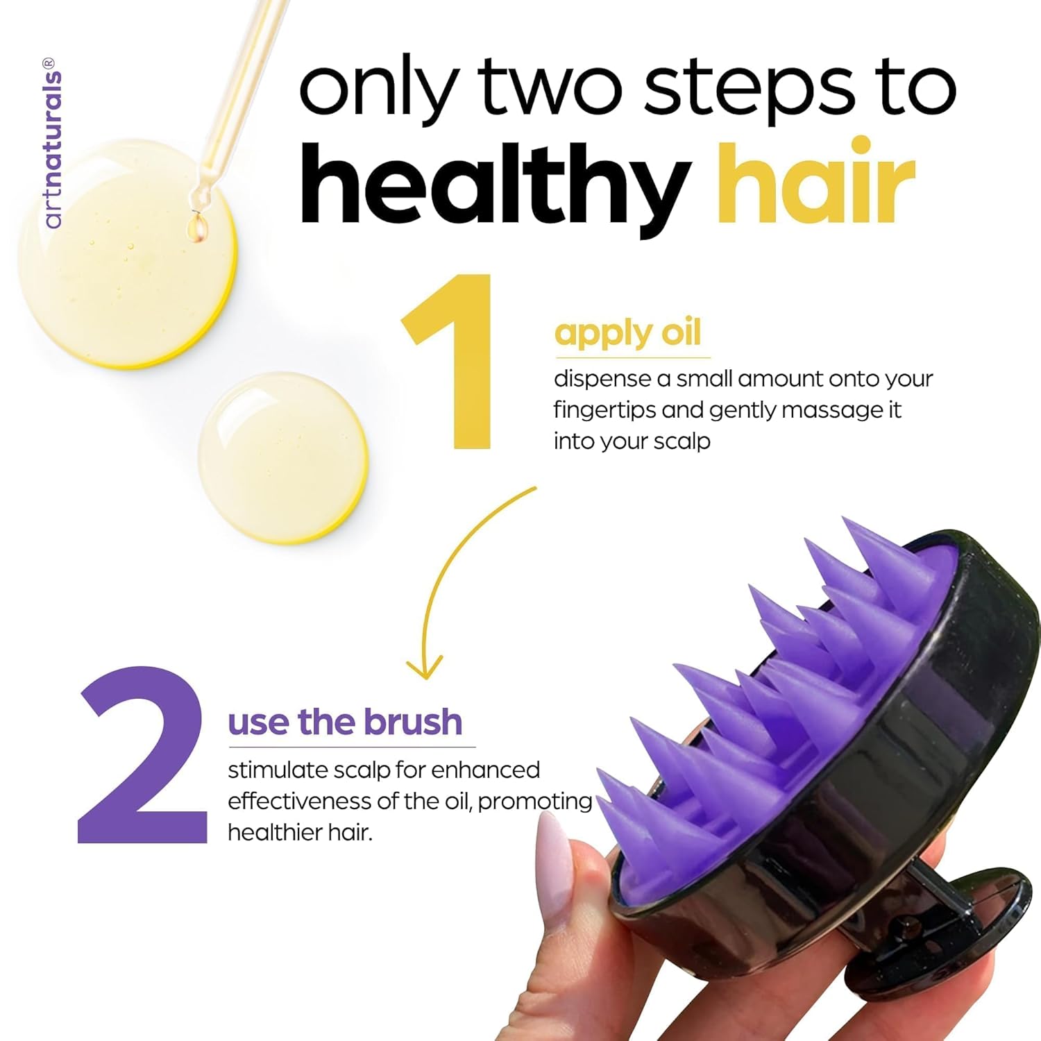 Explains the two-step process for using the product to achieve healthy hair by applying oil and using the brush to stimulate the scalp.