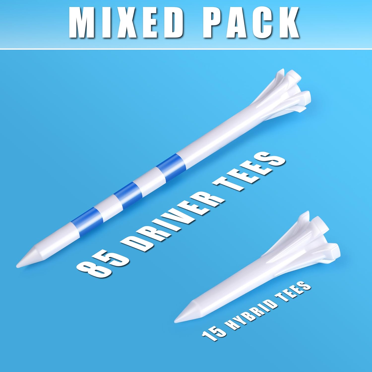 Shows the contents of the mixed pack, highlighting the different types of golf tees included to appeal to golfers who use various clubs.