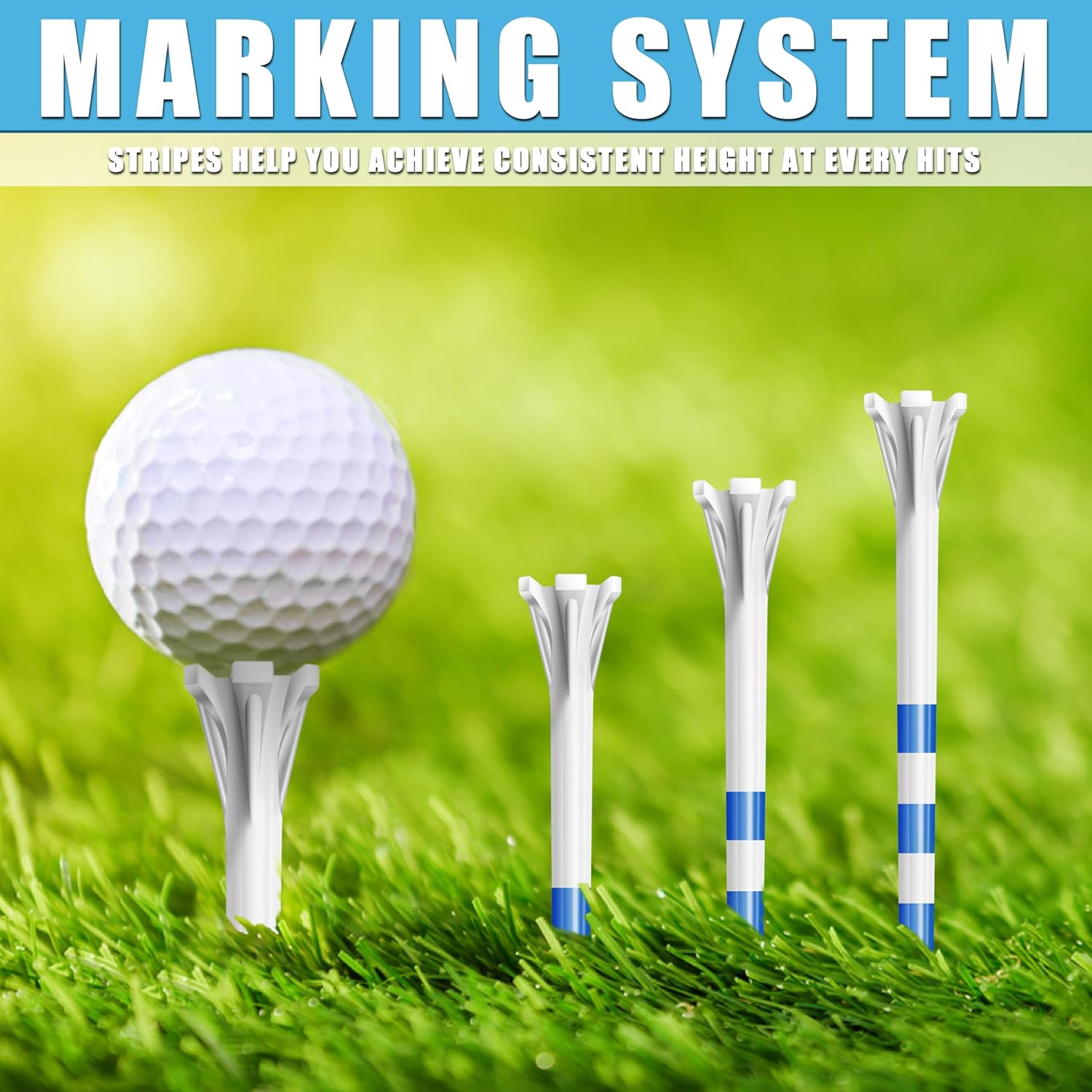 Demonstrates how the product's marking system helps golfers achieve consistent ball height for every shot, improving their game.