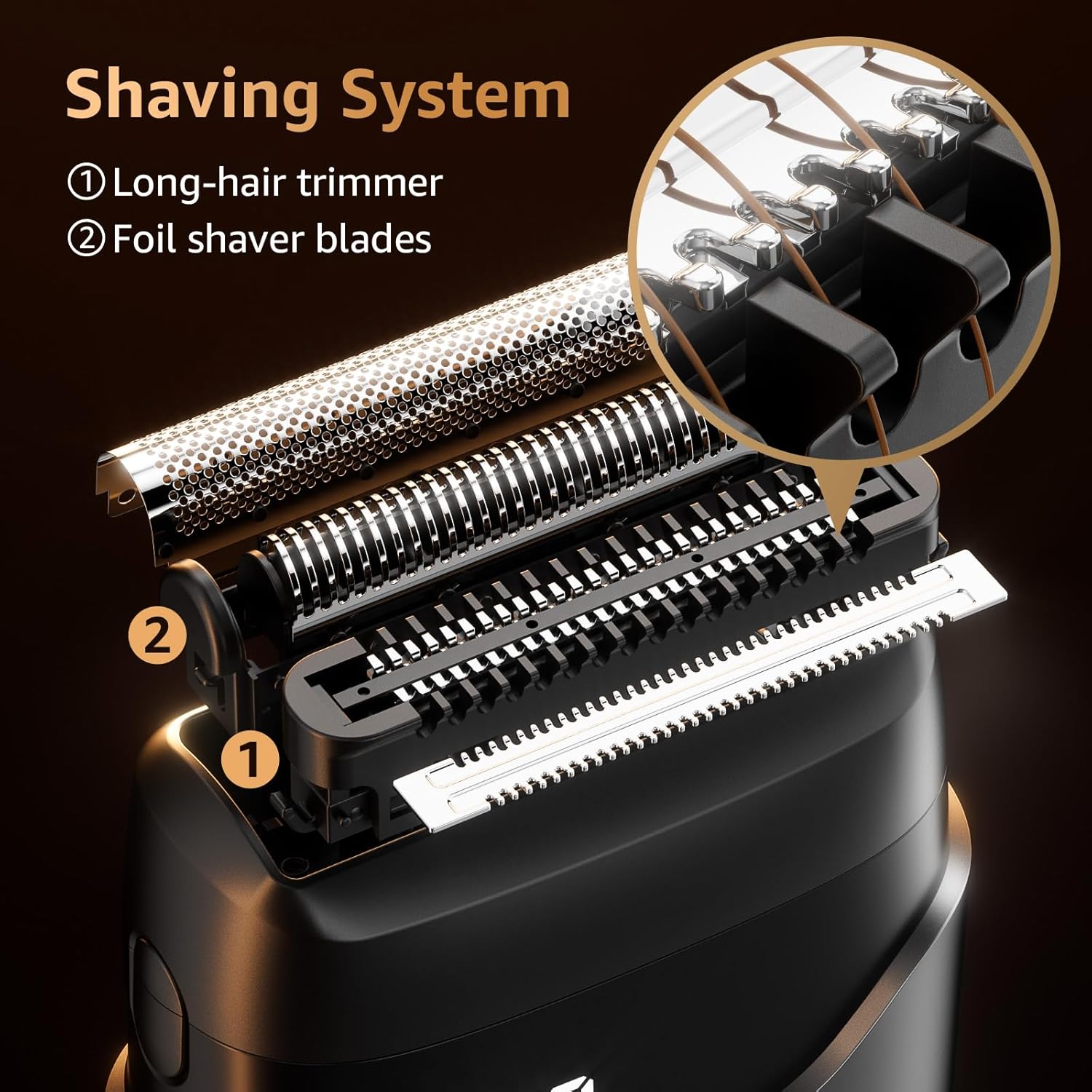 Highlights the two main components of the shaving system: the long-hair trimmer and foil shaver blades, to educate customers on the product's functionality.