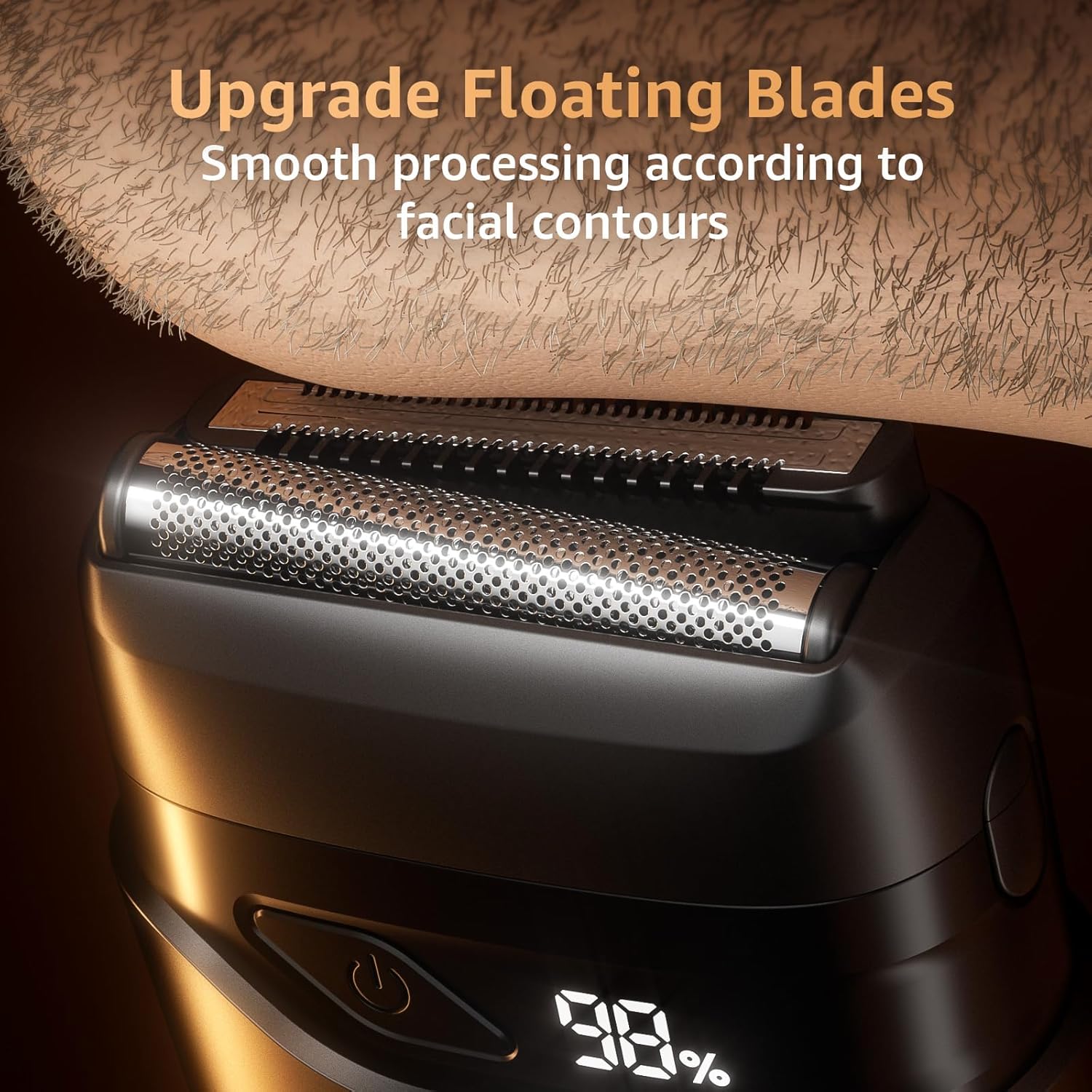 Highlights the upgraded floating blades feature that provides smooth shaving according to facial contours, emphasizing improved performance and comfort.
