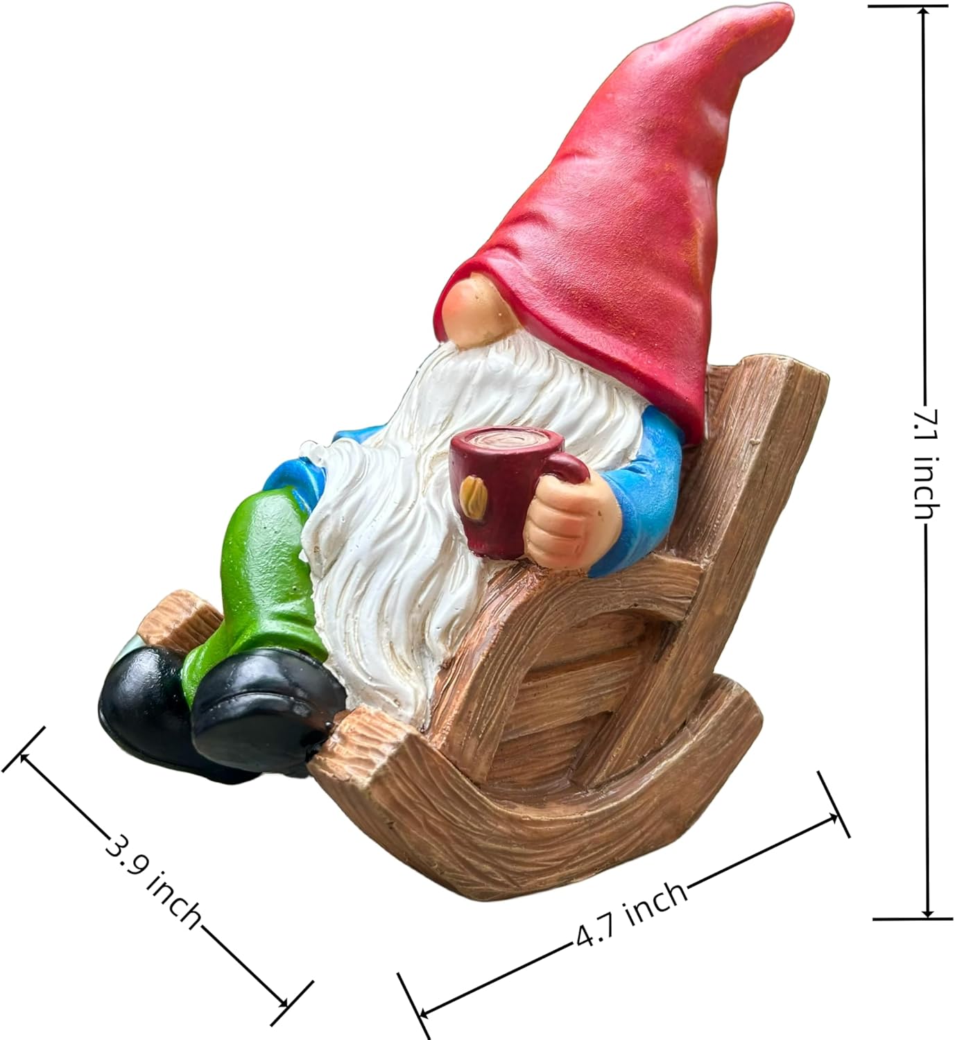Provides exact measurements of the garden gnome figurine to help shoppers understand its size and determine if it fits their intended space.