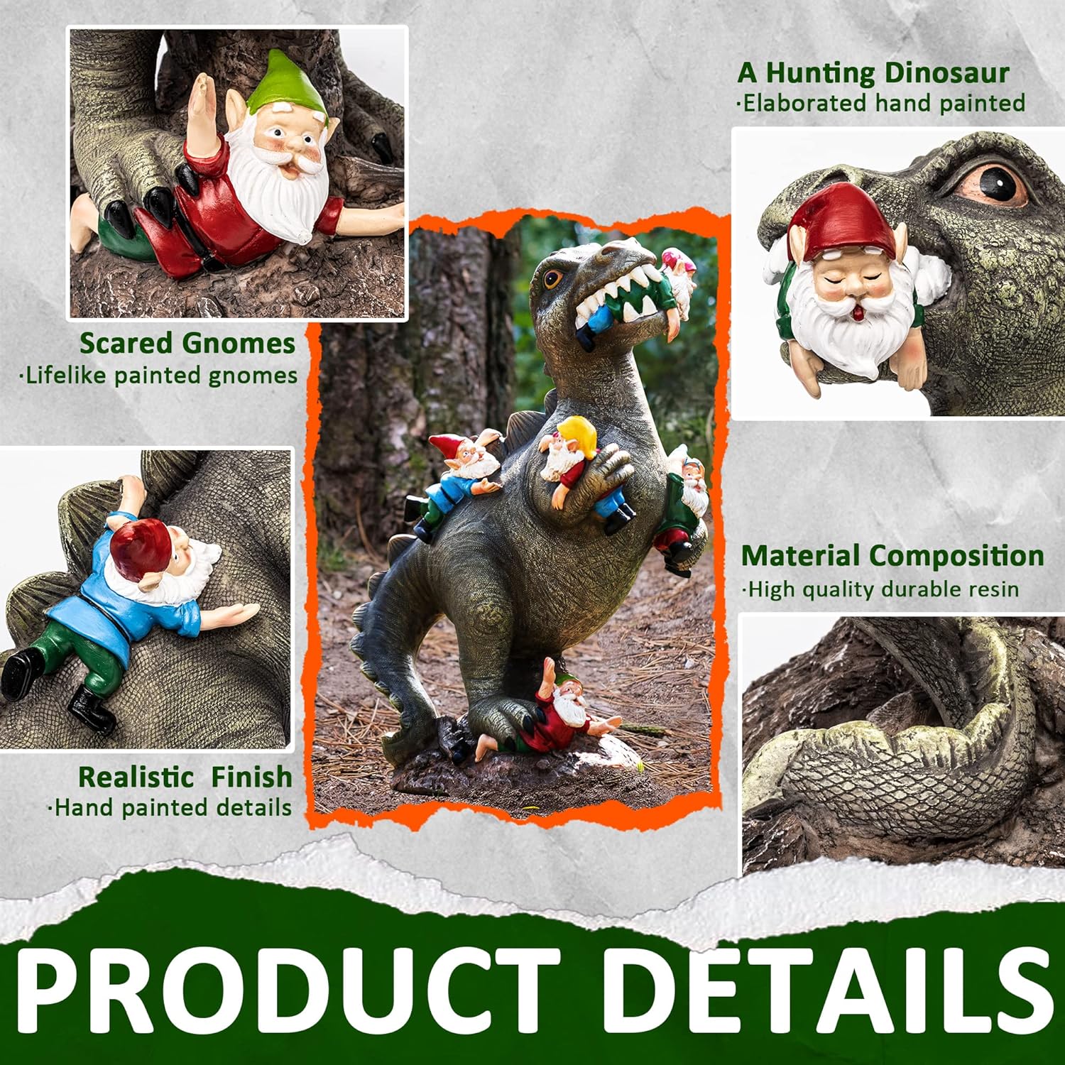 Product anatomy graphic showing the various gnomes on the sculpture. Highlights the different designs included. 
