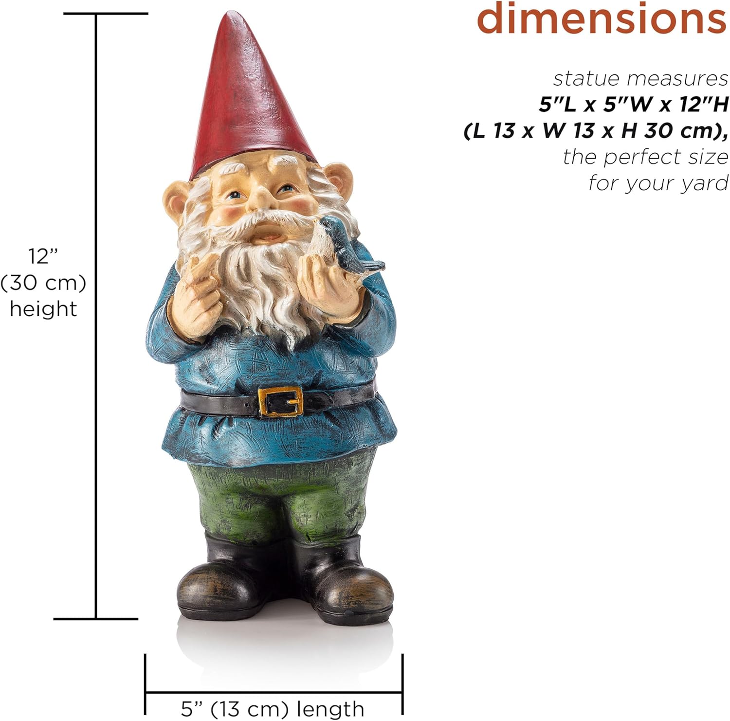 Provides exact measurements of the garden gnome statue to help shoppers understand its size and determine if it fits their space.