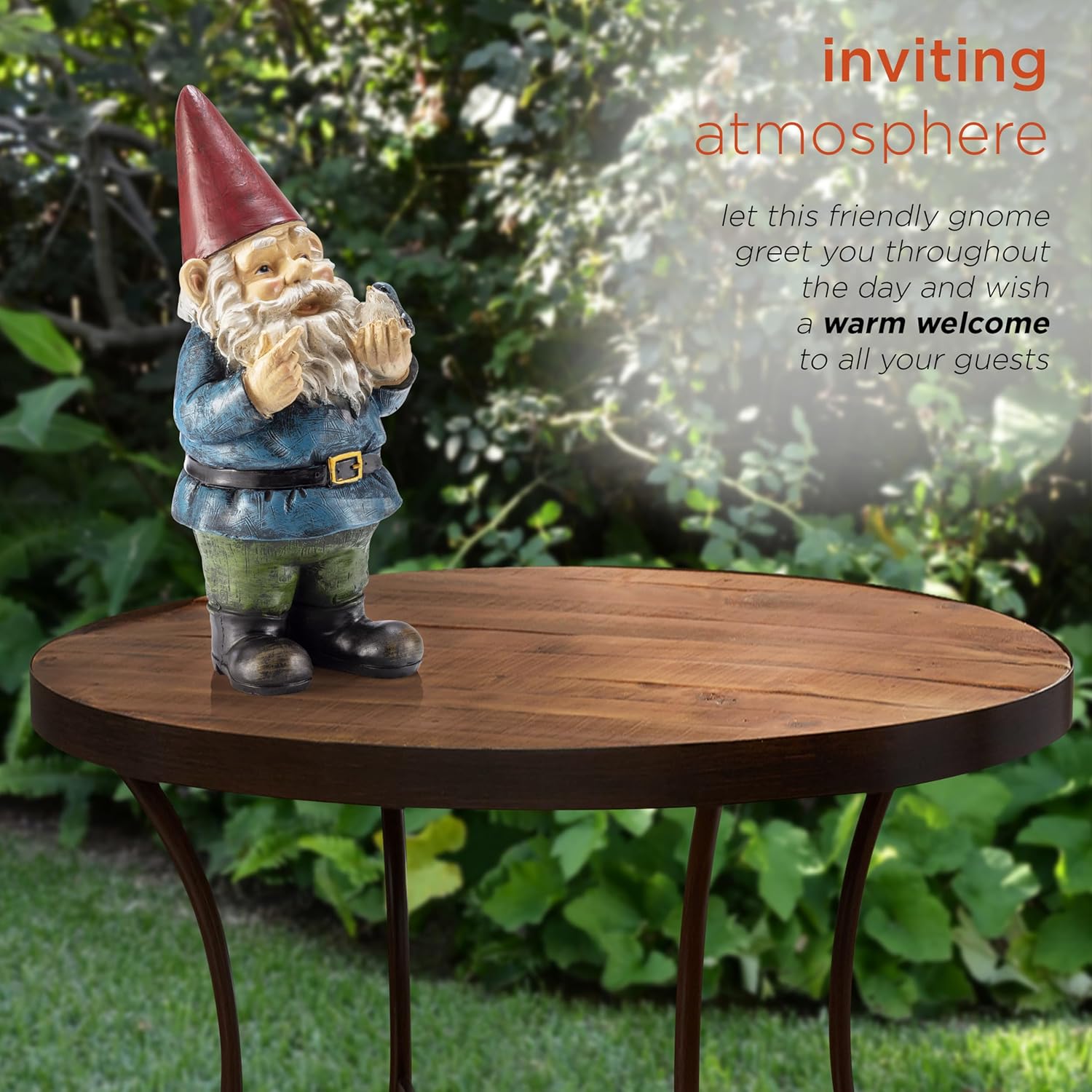 Highlights how the garden gnome creates a welcoming environment for guests, emphasizing the product's ability to enhance outdoor spaces.