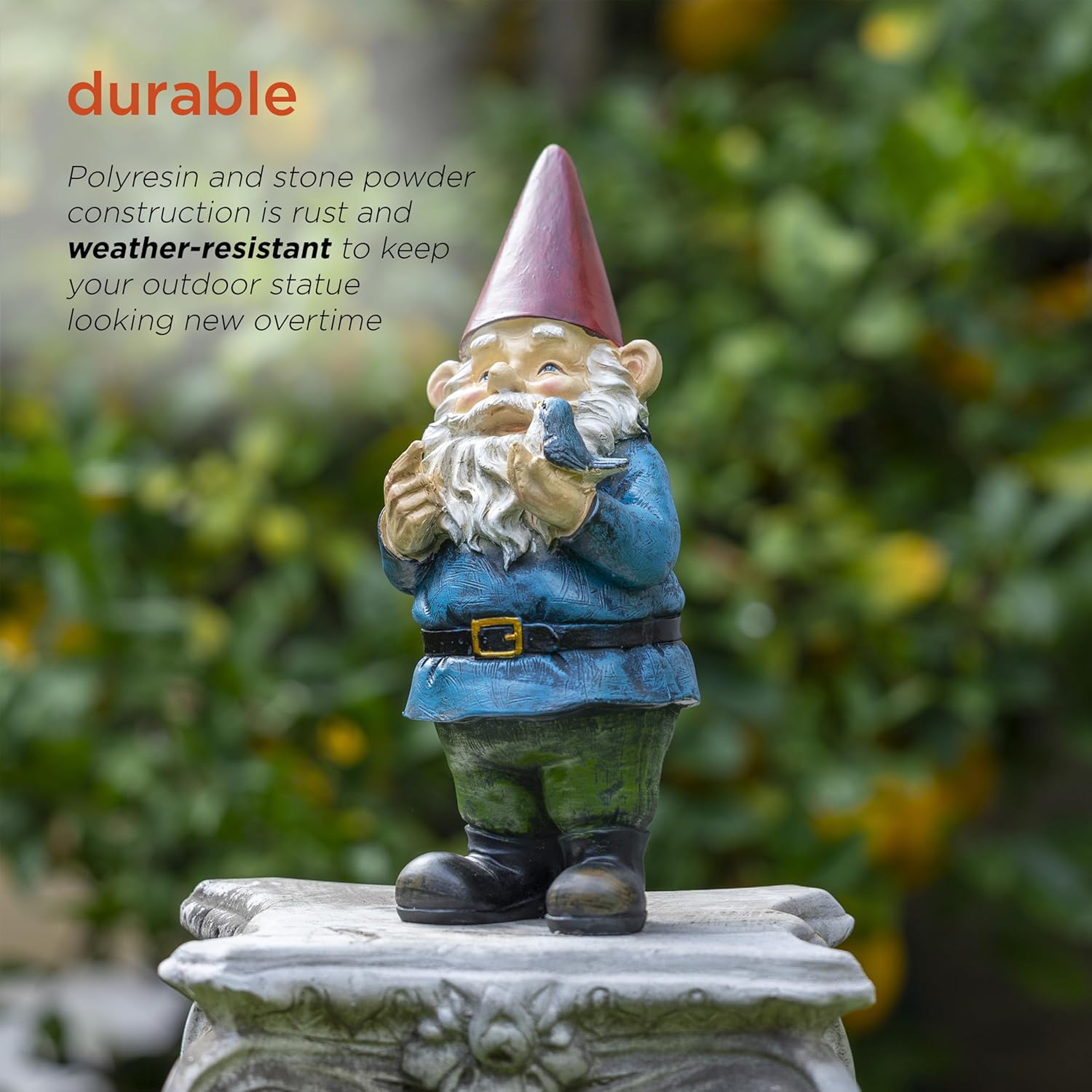 Highlights the product's durability and weather-resistant properties to reassure customers that the outdoor statue will maintain its appearance over time.