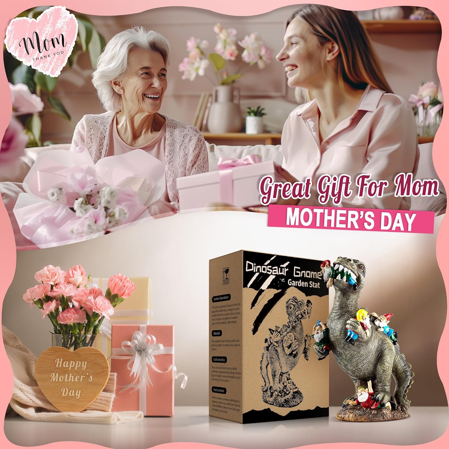 Gifting graphic showing application of this gift for mother's day. Shows packaing and mothers day gifting setting. 