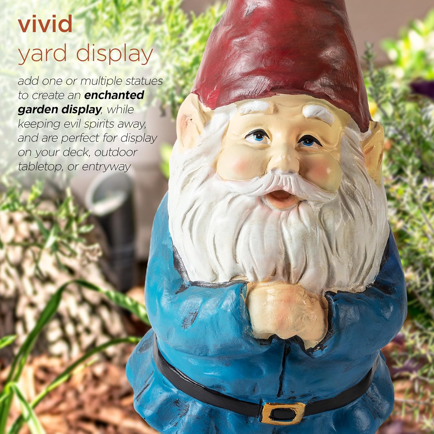 Single feature graphic highlighting the benefits and uses of the garden gnome and intended use. For decor, combine with mutiple status and for spirtual reasons.