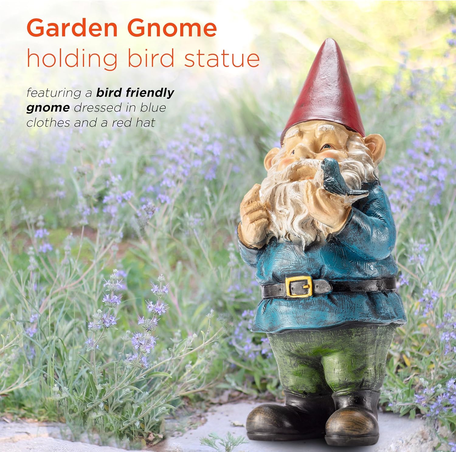 Highlights the product's unique feature of being a bird-friendly garden gnome, appealing to bird lovers and garden enthusiasts.