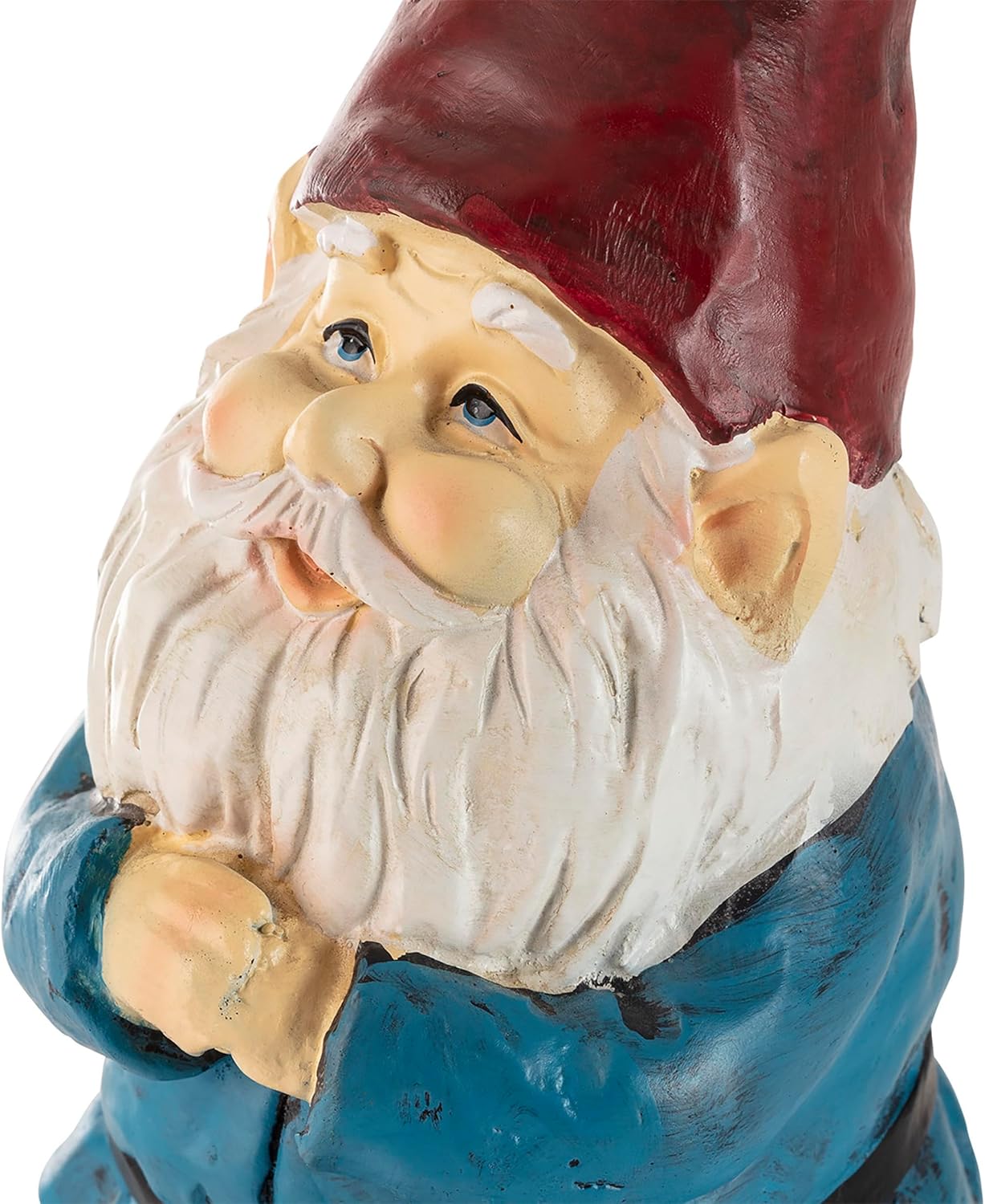 Shows a close-up of a decorative garden gnome to highlight its whimsical design and colorful appearance.