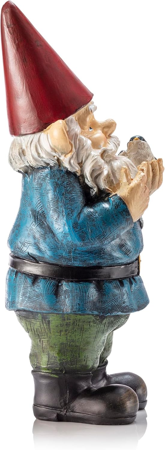 Shows the decorative garden gnome in a realistic pose, highlighting its whimsical design and potential use as outdoor decor.