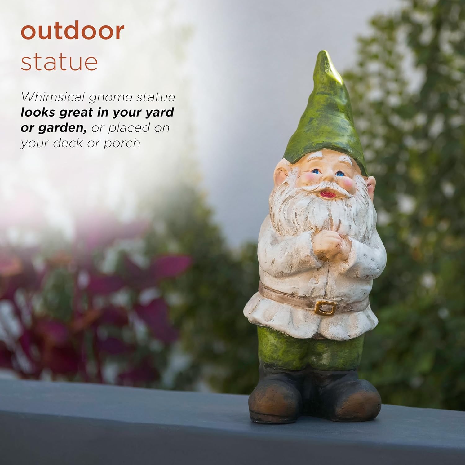 Shows how the gnome statue can be used as decorative element in various outdoor settings like yards, gardens, decks, or porches.