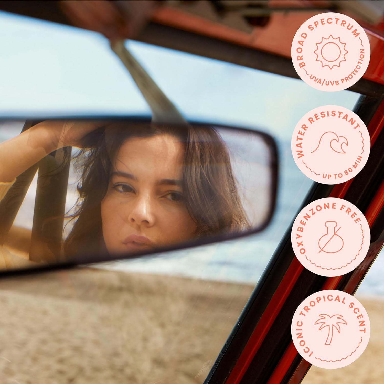 Highlights multiple benefits of the sunscreen product, emphasizing its broad spectrum protection, water resistance, safe ingredients, and pleasant scent.