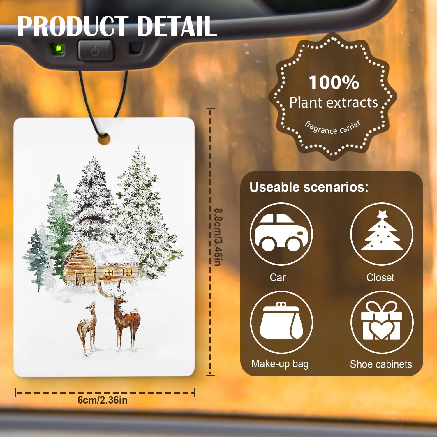 Provides exact measurements of the air freshener to help customers understand its size and where it can be placed. Shows various places where the air freshener can be used, helping customers…
