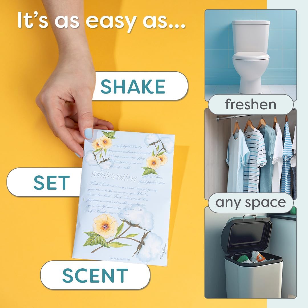 Demonstrates the simple 3-step process to use the product for freshening various spaces. Shows different areas where the product can be used: bathroom, closet, and trash bin.