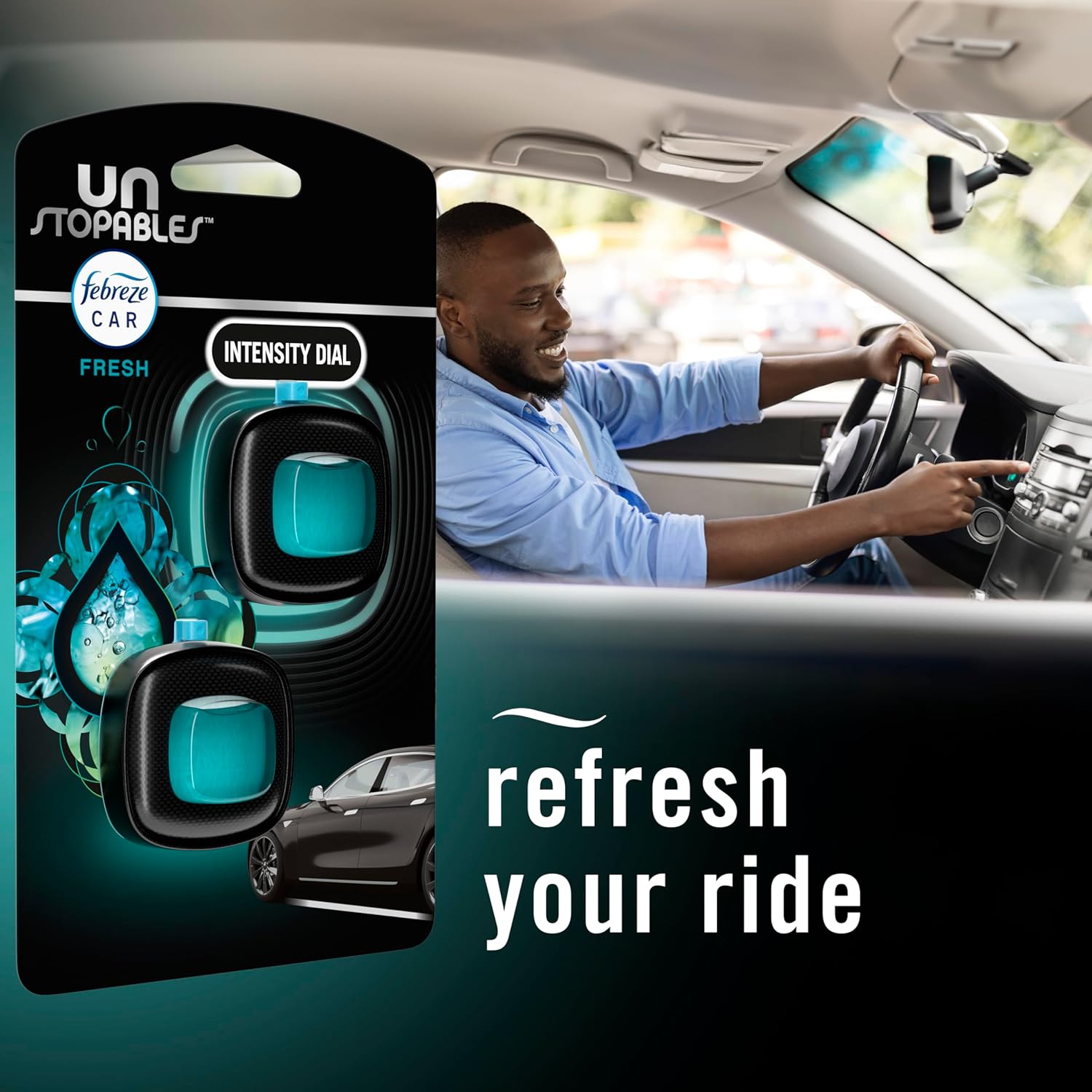 Highlights the product's ability to refresh the car's interior with a pleasant scent, emphasizing the 'refresh your ride' benefit. Shows the product in use within a car setting, demonstrating its…