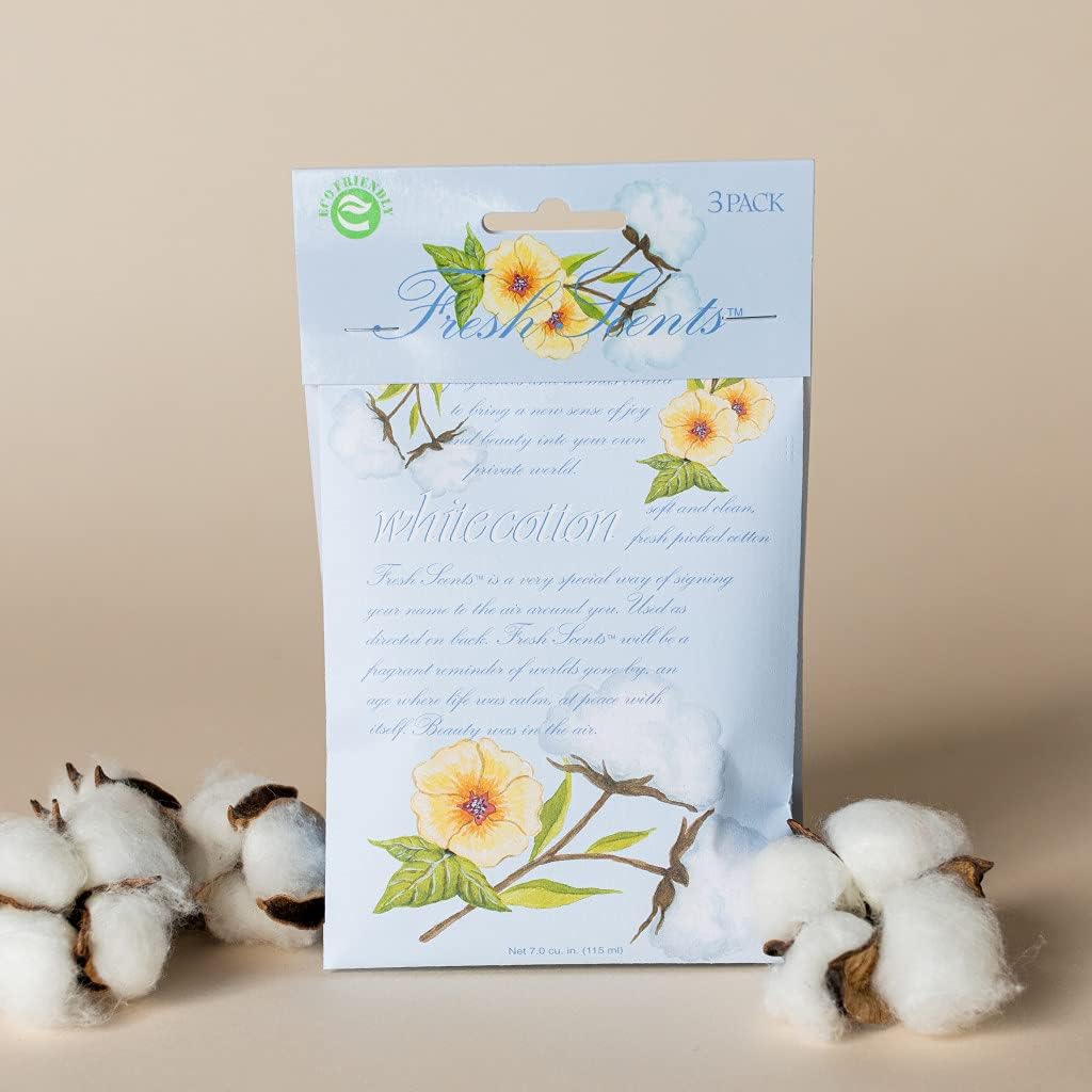 Introduces the Fresh Scents brand and its White Cotton fragrance, emphasizing the natural and fresh qualities of the product.