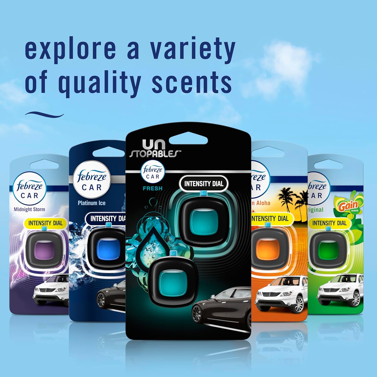 Showcases the variety of car air freshener scents available, allowing customers to choose their preferred fragrance.
