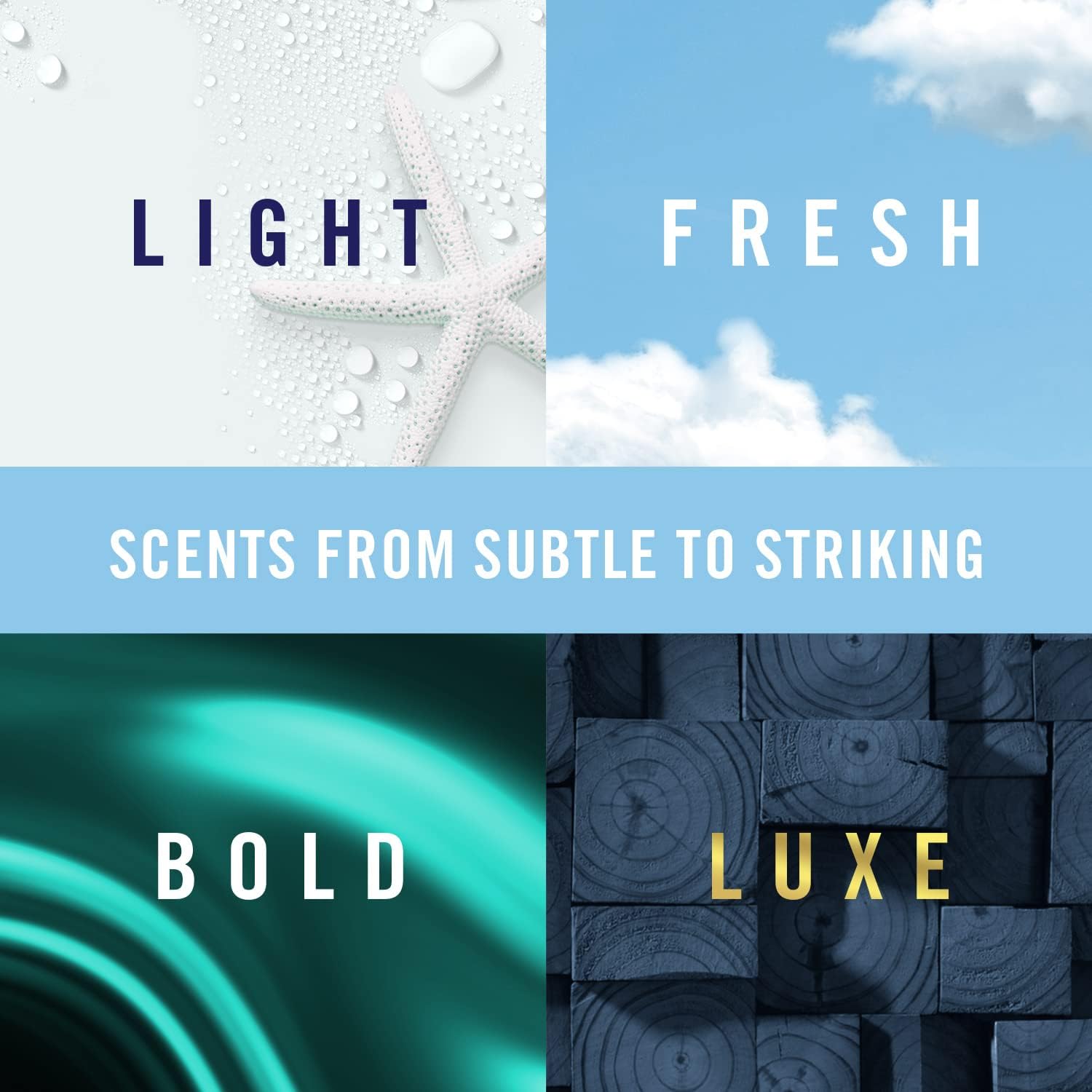 Showcases the range of scent options available, from light to bold, appealing to different fragrance preferences.