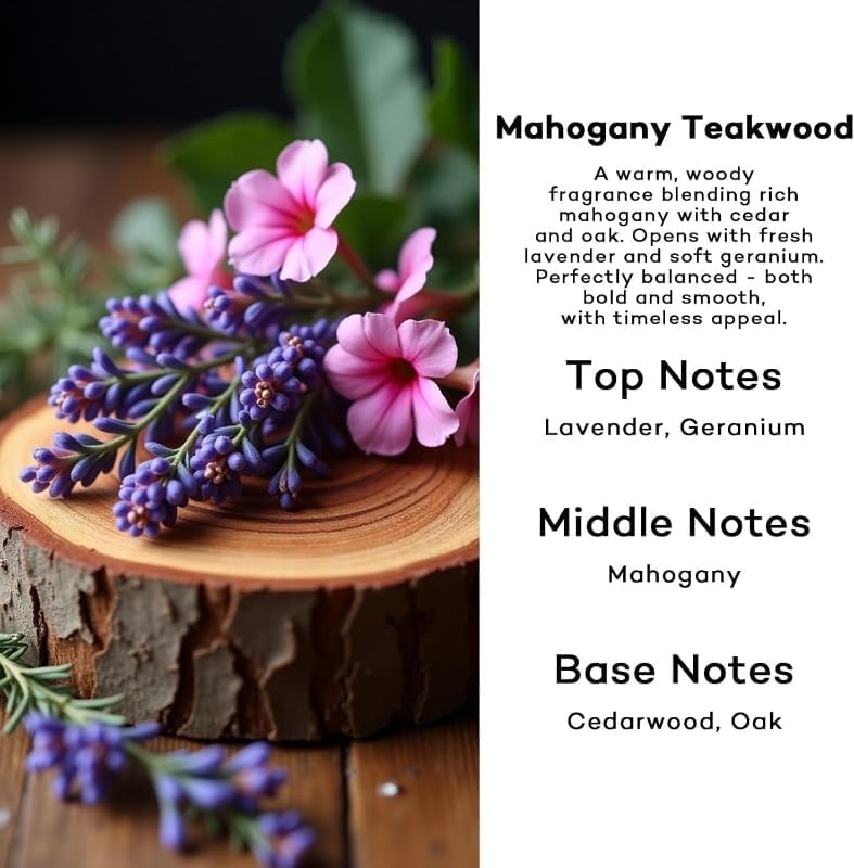 Communicates the specific scent profile of the Mahogany Teakwood fragrance, highlighting its complex blend of notes to appeal to customers seeking a sophisticated woody scent.