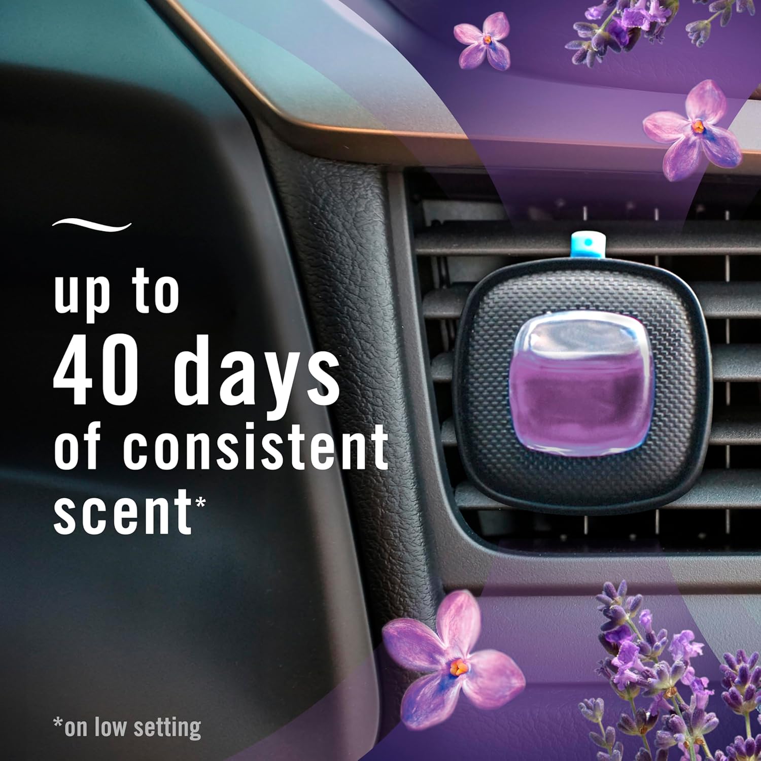 Highlights the product's ability to provide a consistent scent for up to 40 days, emphasizing its long-lasting effectiveness as a car air freshener.