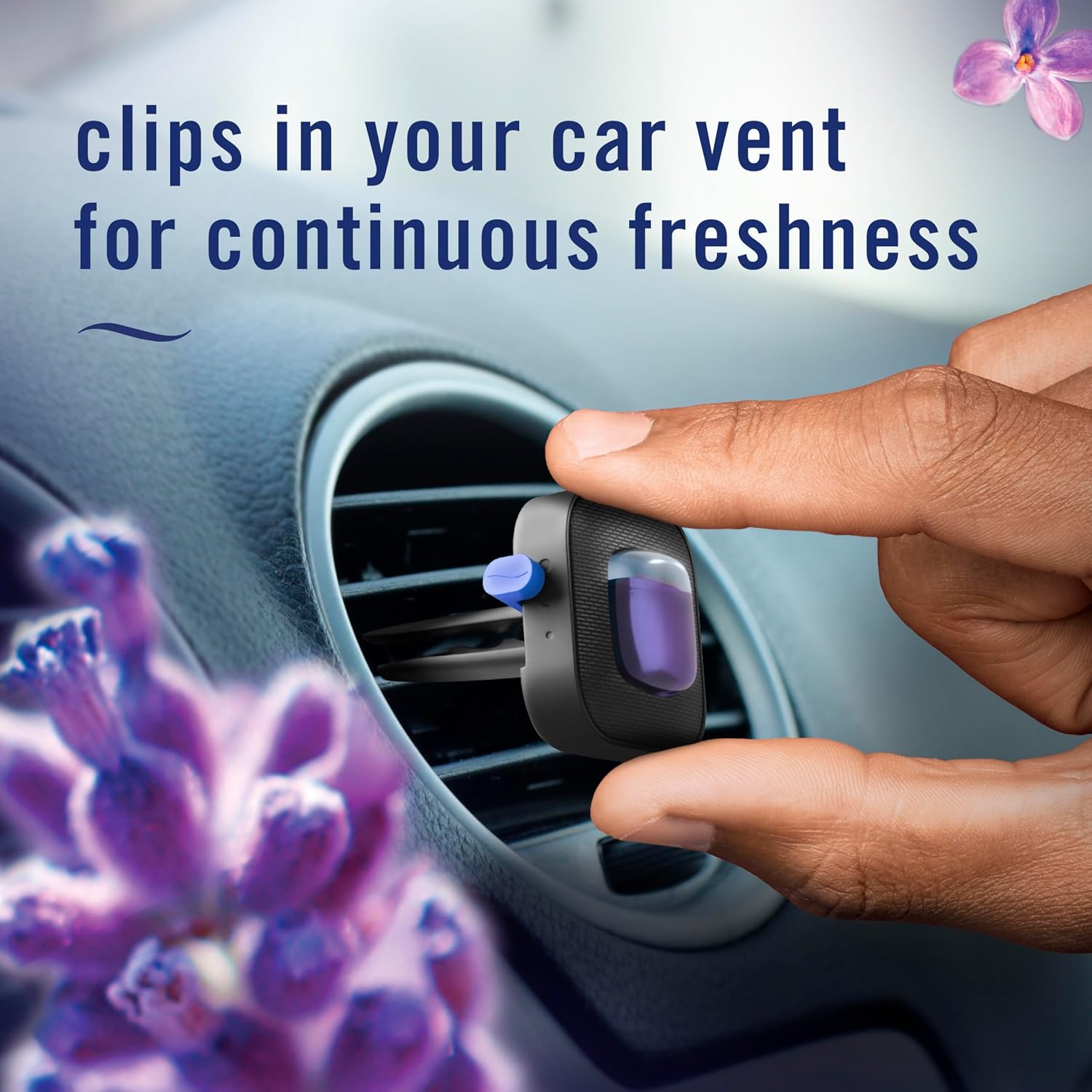 Demonstrates how the product clips into a car vent to provide continuous air freshening.