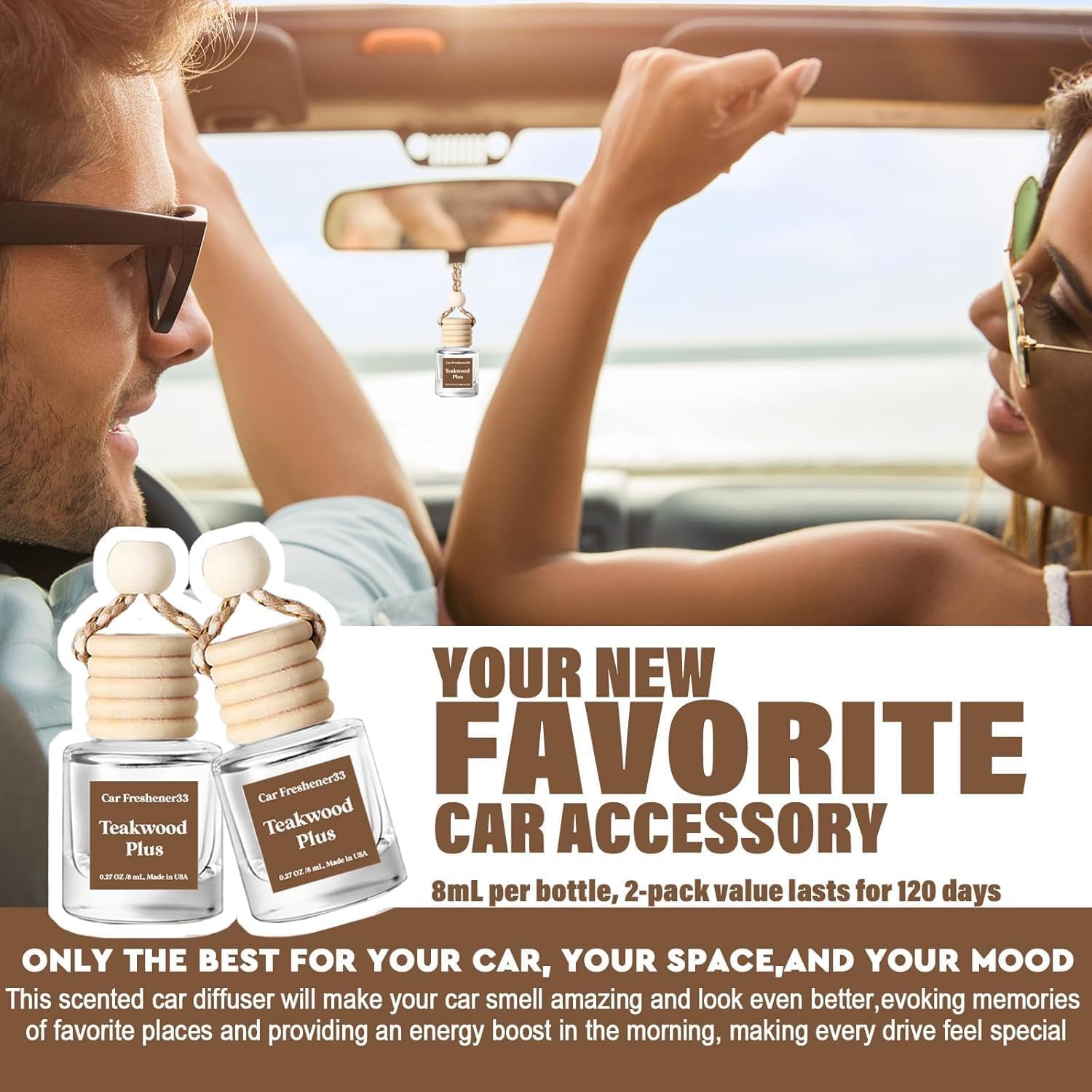 Demonstrates how the product enhances the driving experience by making the car smell good and improving the overall mood. Highlights the product's long-lasting scent, emphasizing that a 2-pack value…