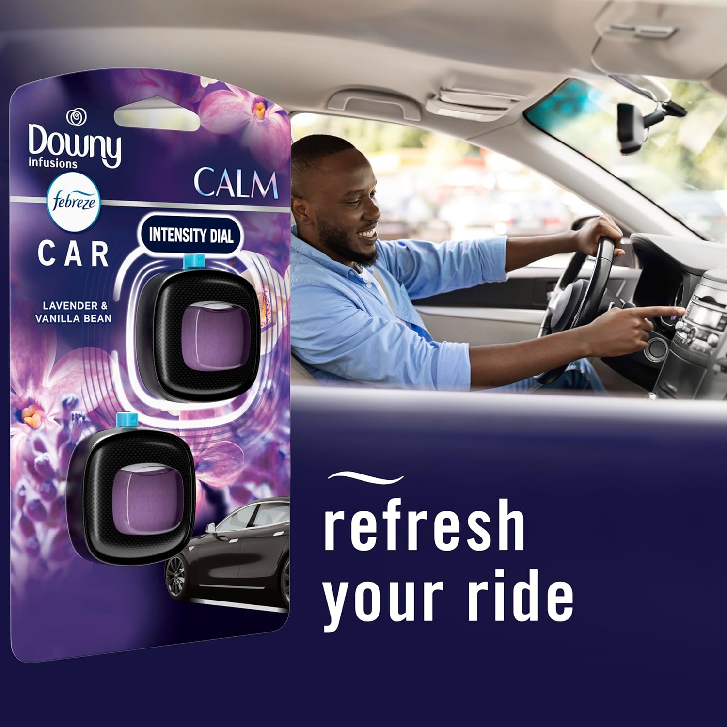Demonstrates how the product can be used in a car to create a pleasant driving experience. Highlights the calming lavender and vanilla bean scent to promote a relaxing driving environment.