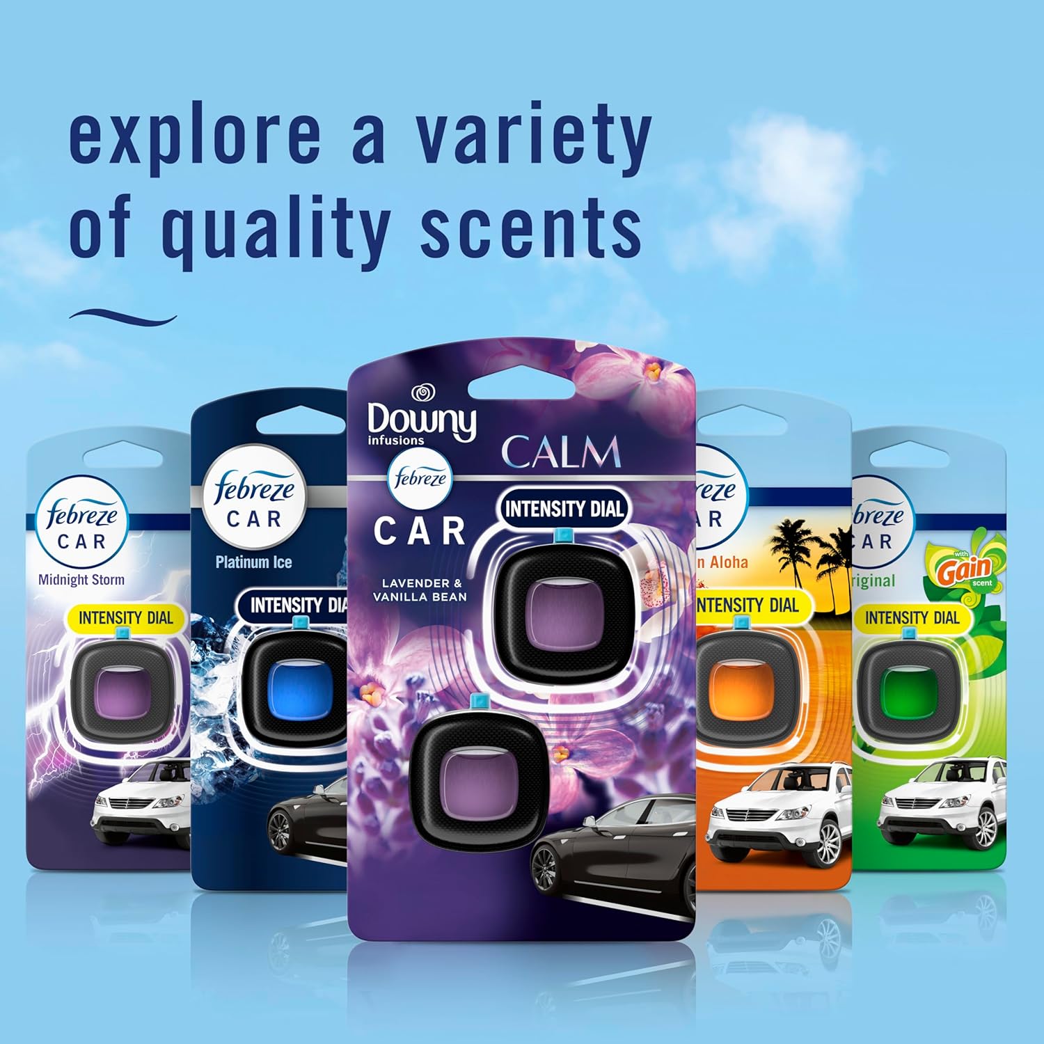 Showcases the variety of car air freshener scents available, allowing customers to choose their preferred fragrance.