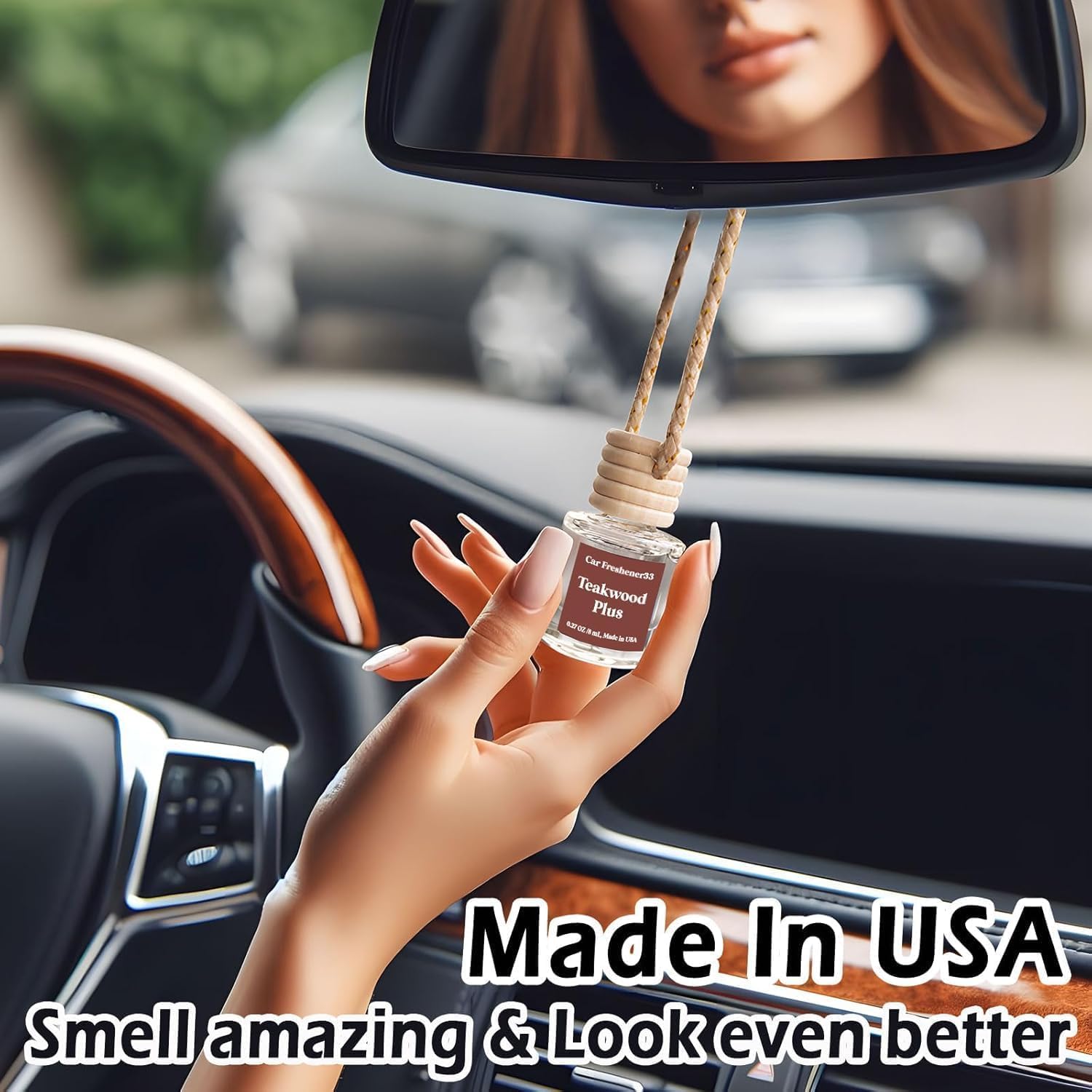 Shows the product being used in a real-world car setting to demonstrate its practical application and ease of use. Highlights multiple selling points of the car freshener: its origin, scent quality,…