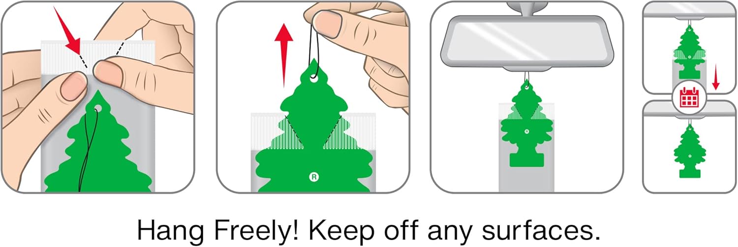 Demonstrates the correct way to install and use the air freshener product in a vehicle, emphasizing proper placement for effectiveness.