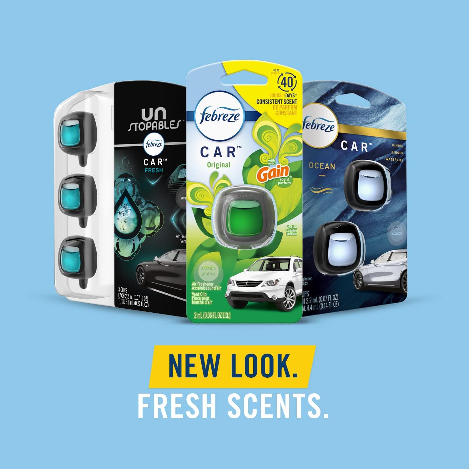 Showcases the variety of car air freshener scents available, highlighting the new packaging design. Emphasizes the product's updated appearance and variety of fragrances to attract customers looking…