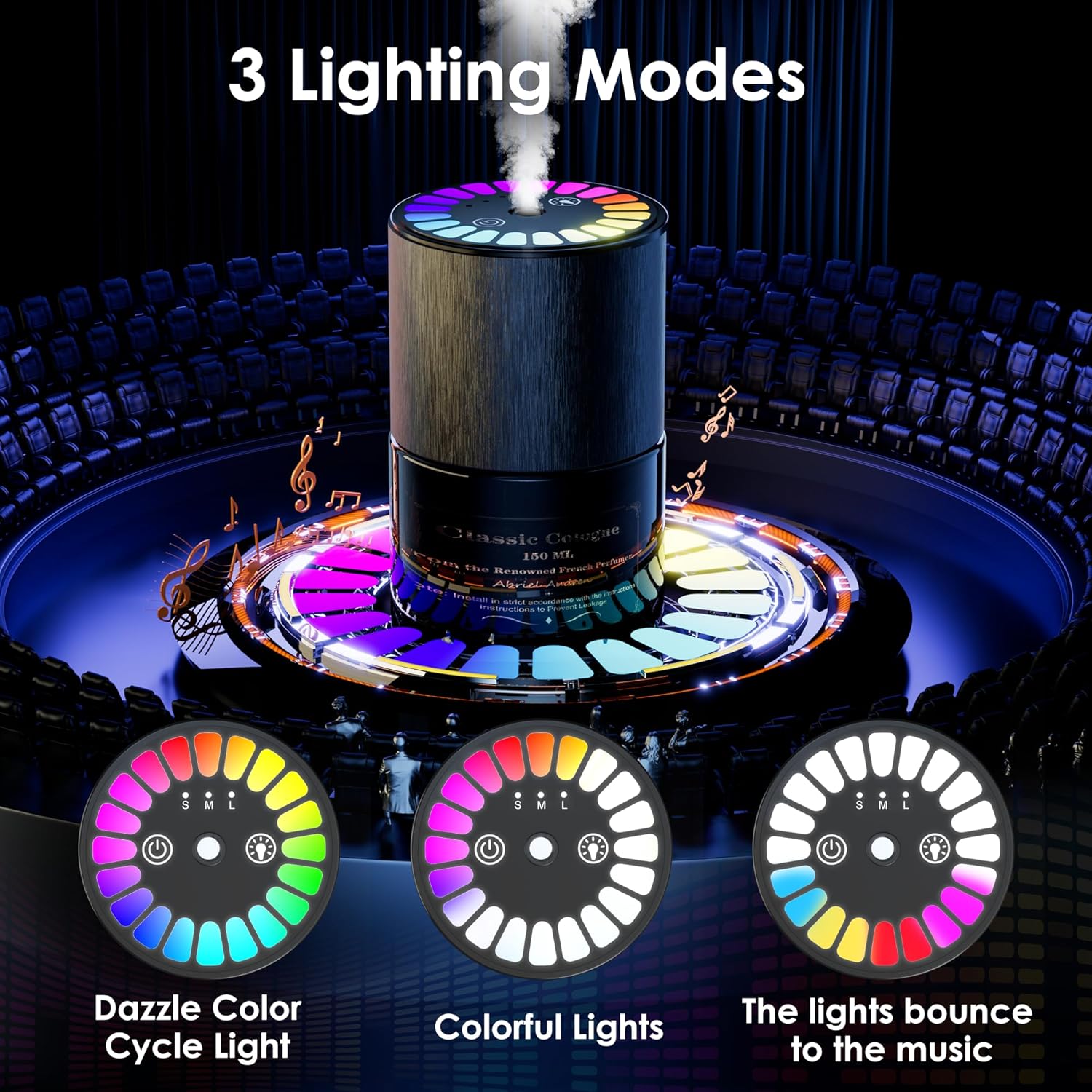 Showcases the product's multiple lighting modes and music sync capability to highlight its versatility and entertainment value.