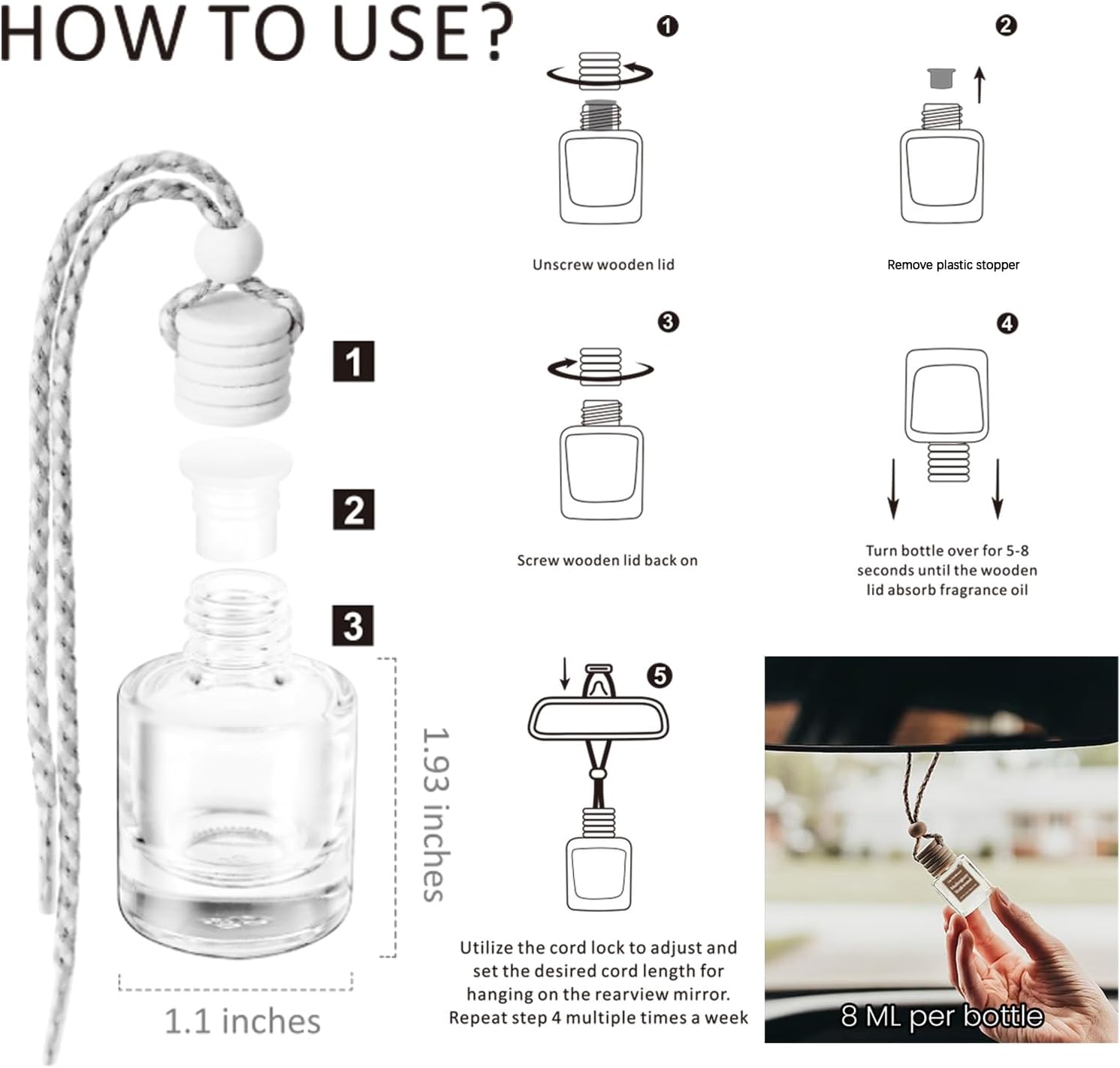 Provides step-by-step instructions on how to use and set up the fragrance bottle for a car air freshener.