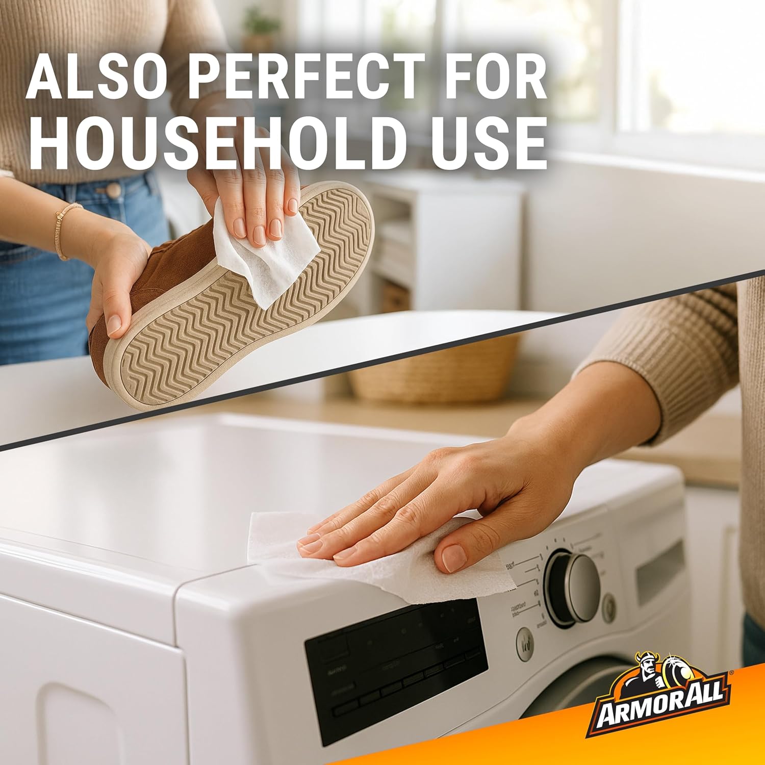 Demonstrates the versatility of the product by showing it can be used for both household cleaning tasks and shoe care.