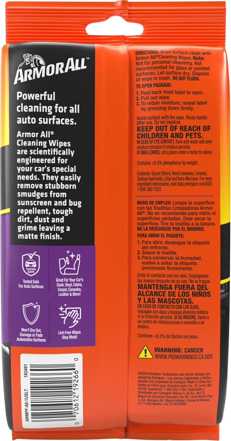 Highlights multiple benefits of the cleaning wipes, including their powerful cleaning ability, versatility for all auto surfaces, and safety for use on various car materials.