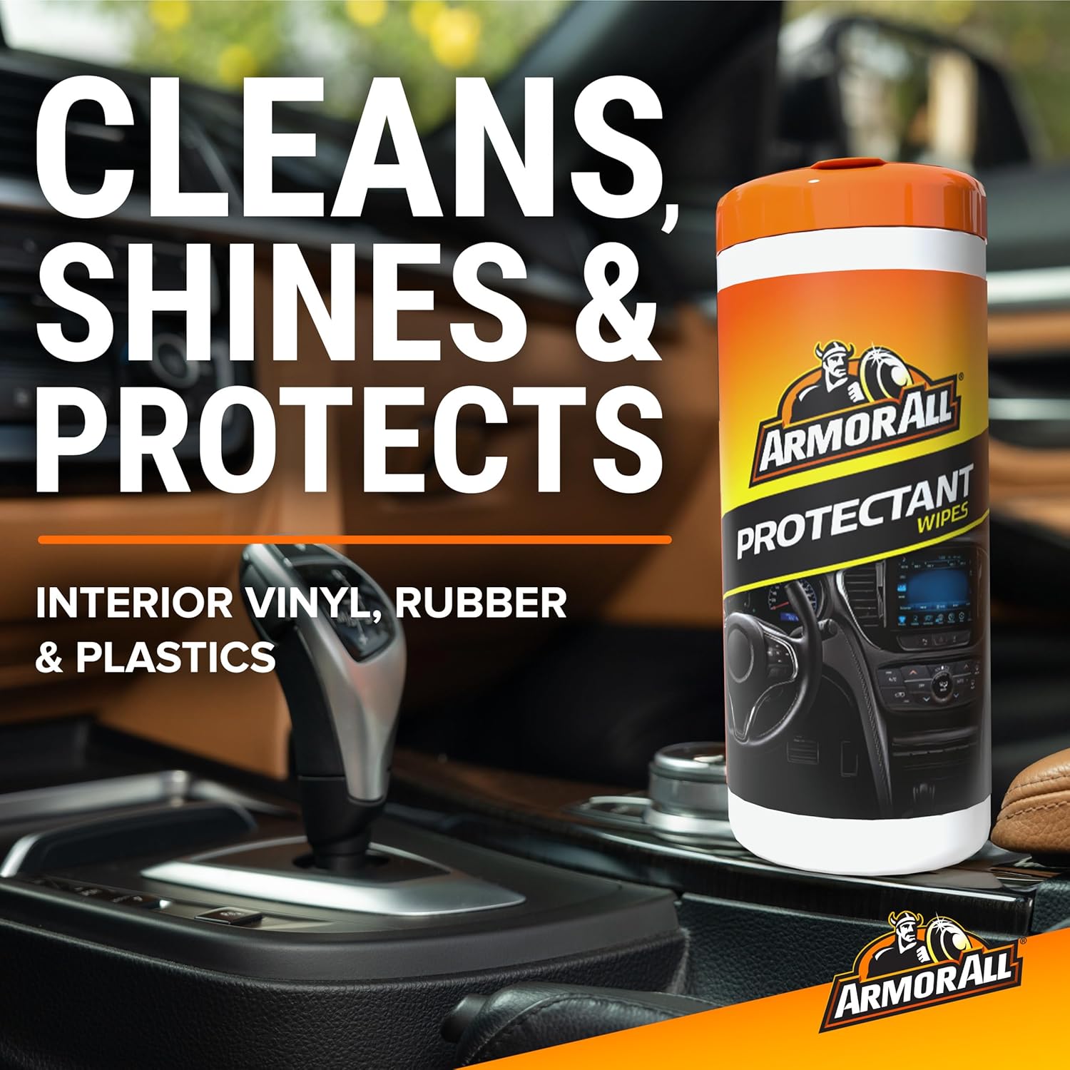 Highlights the product's multiple benefits for car interiors, emphasizing its ability to clean, shine, and protect various surfaces.